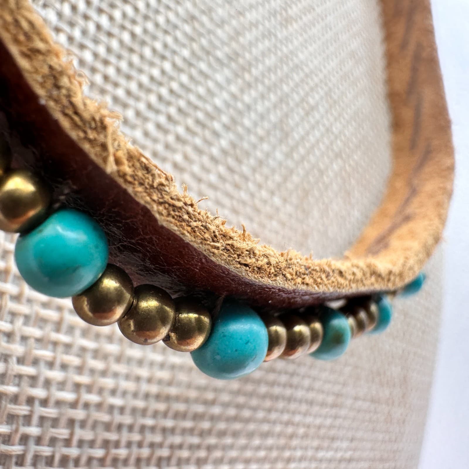 Vintage 90s Boho Leather Turquoise Beaded Necklace Women's Classic Jewelry - Thumbnail 5