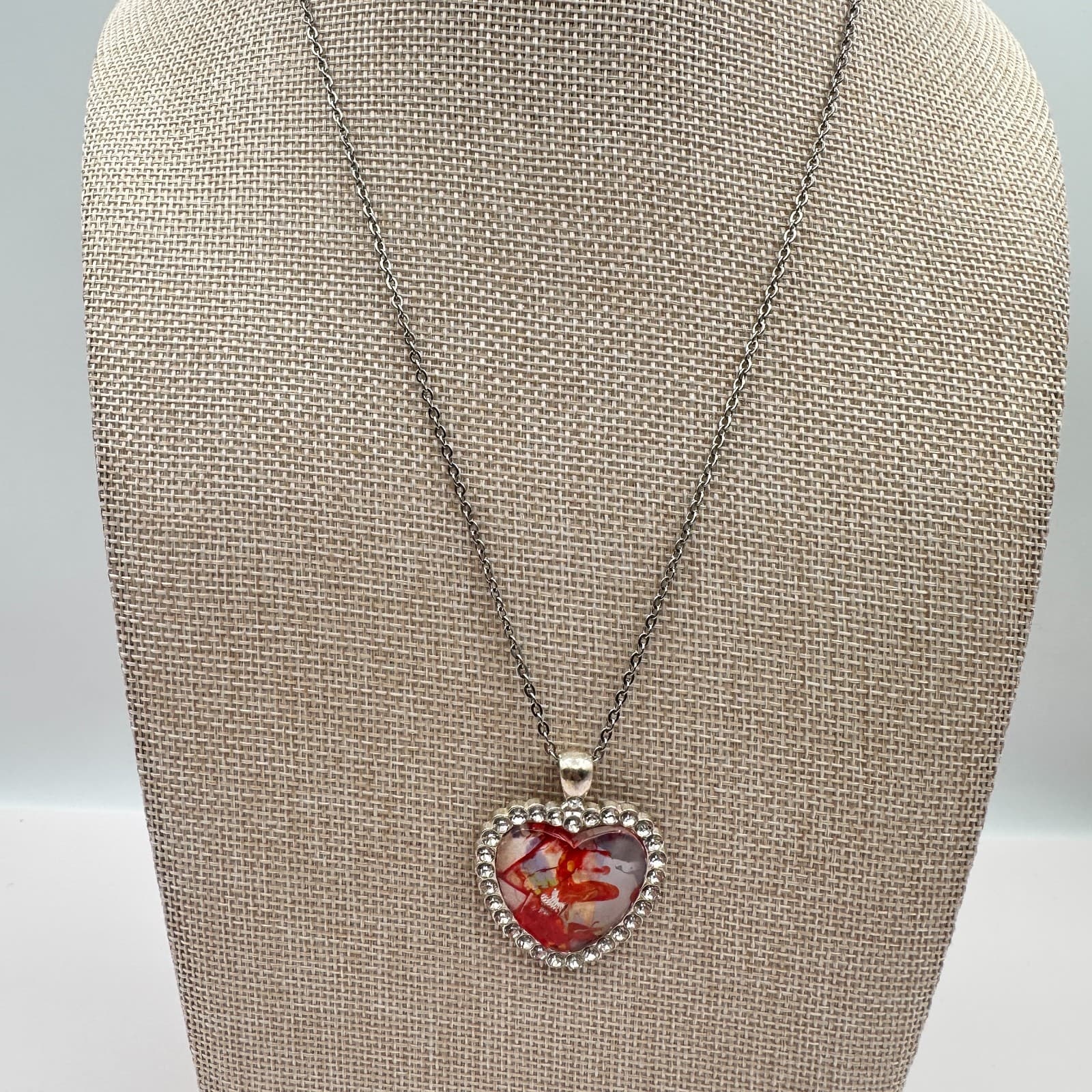 Vintage 80s Red Real Pressed Rose Heart Necklace Silver Tone Pendant Jewelry - Thumbnail 9