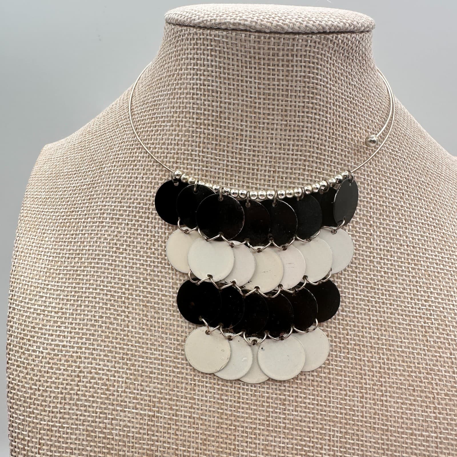 Vintage 90s Modern Black White Enamel Disc Bib Choker Metal Torque Women Jewelry - Thumbnail 6