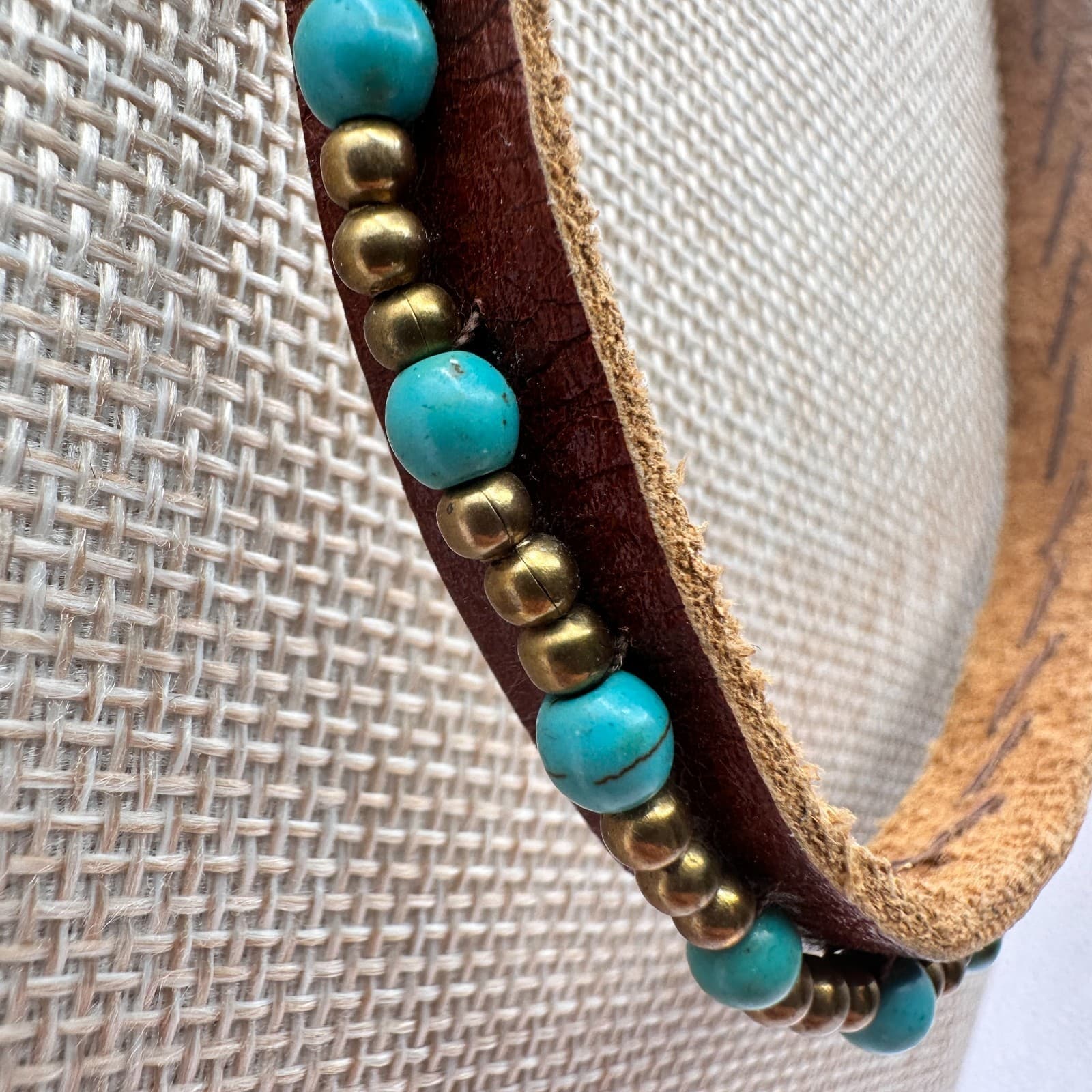 Vintage 90s Boho Leather Turquoise Beaded Necklace Women's Classic Jewelry - Thumbnail 3