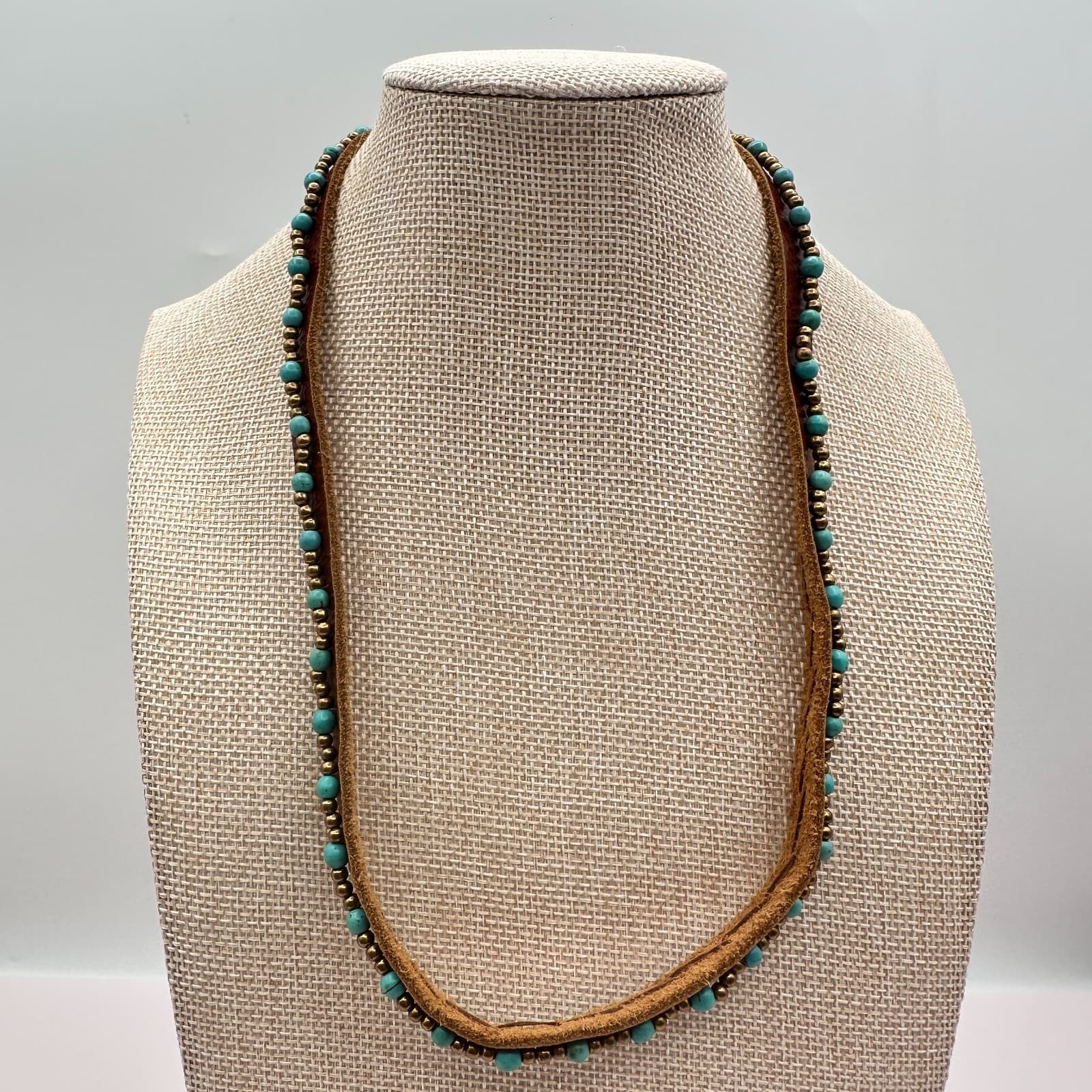 Vintage 90s Boho Leather Turquoise Beaded Necklace Women's Classic Jewelry - Thumbnail 8