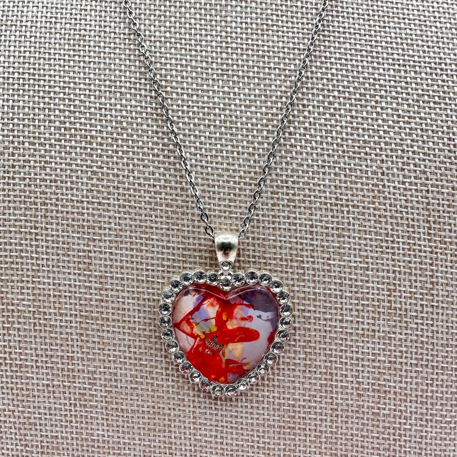 Vintage 80s Red Real Pressed Rose Heart Necklace Silver Tone Pendant Jewelry - Thumbnail 3