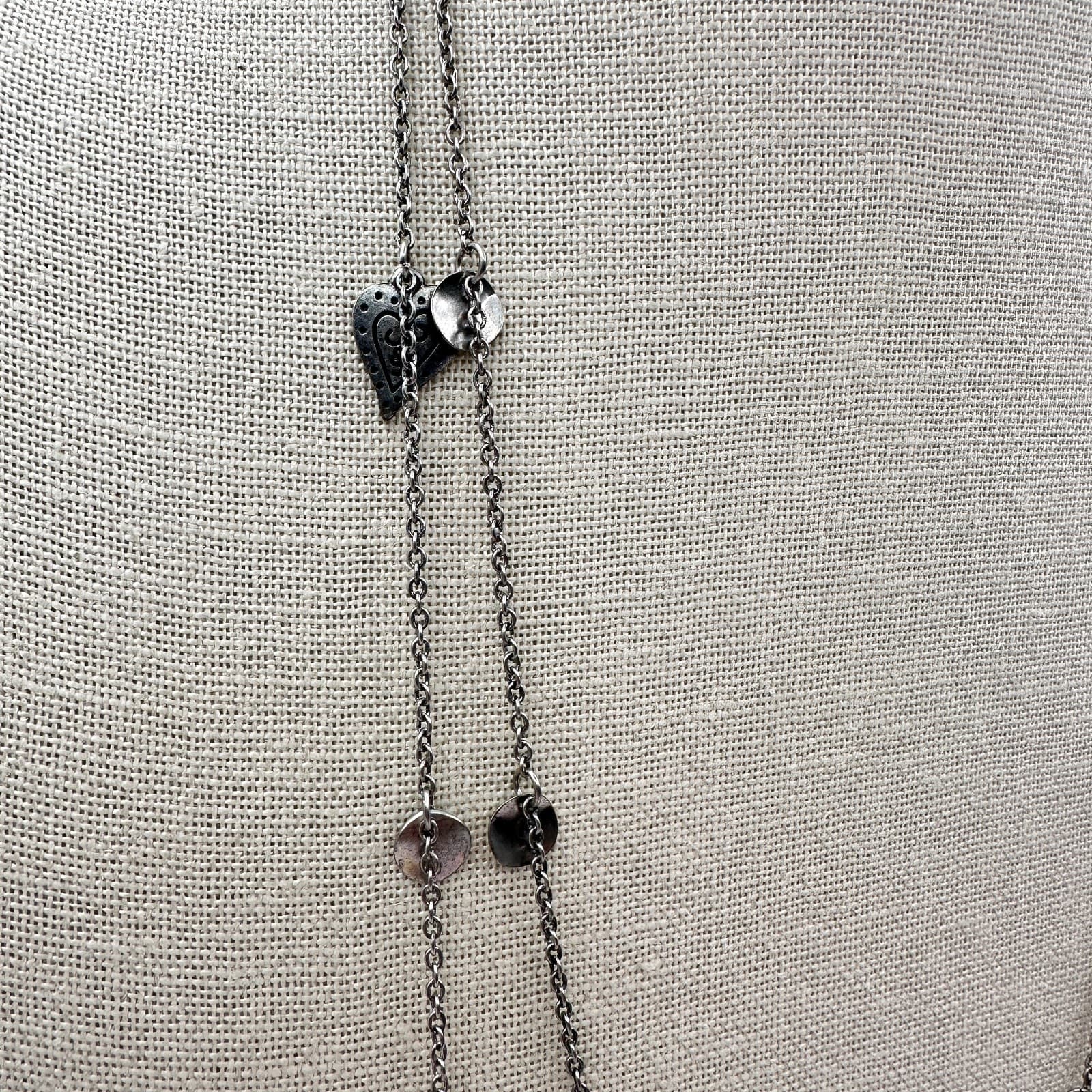 Vintage 90s Multi Strand Layered Necklace Silver Tone Hearts Disk Charms Jewelry - Thumbnail 6