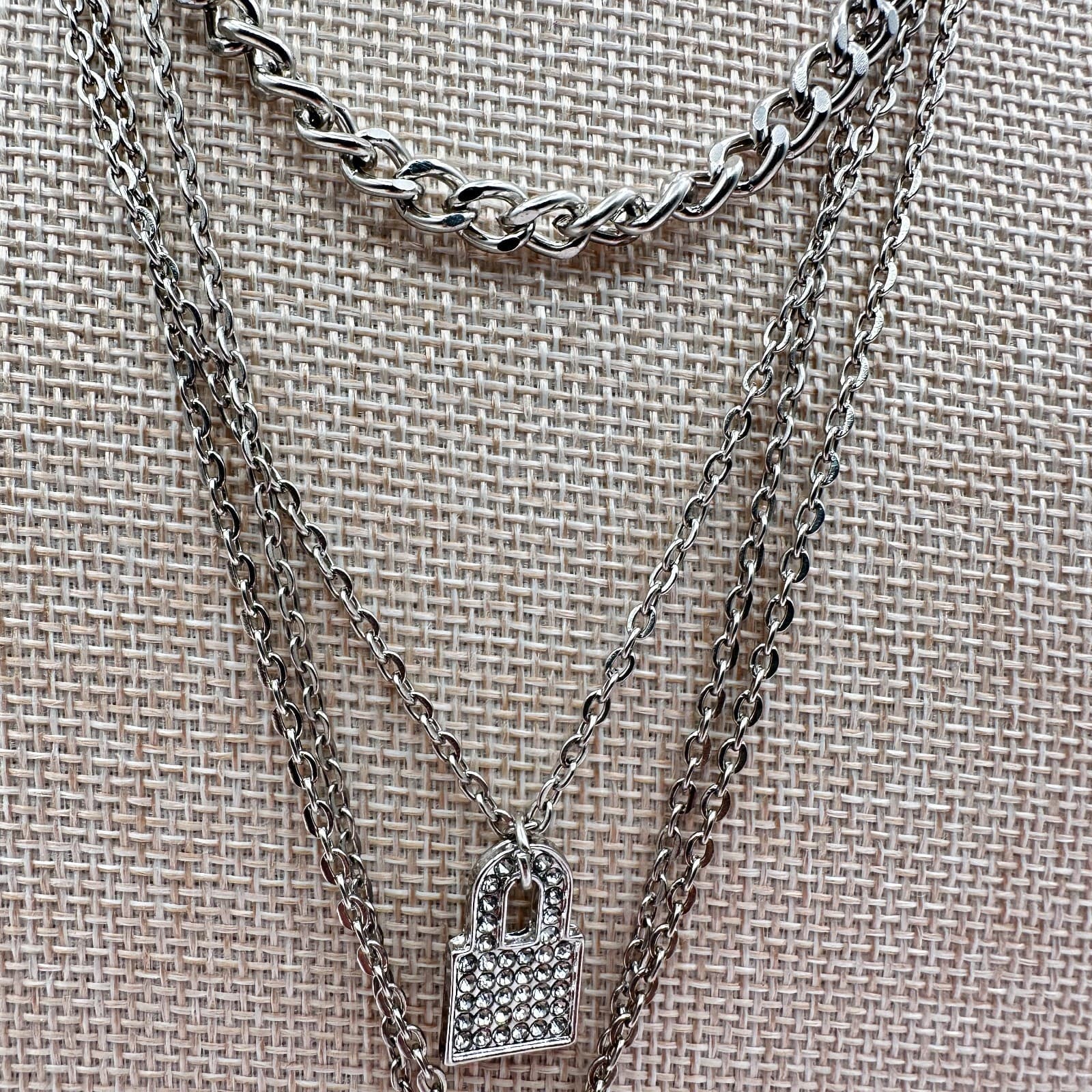 Vintage Y2K Silver Tone Layered Necklace Cross Virgin Mary lock Charms Jewelry - Thumbnail 6