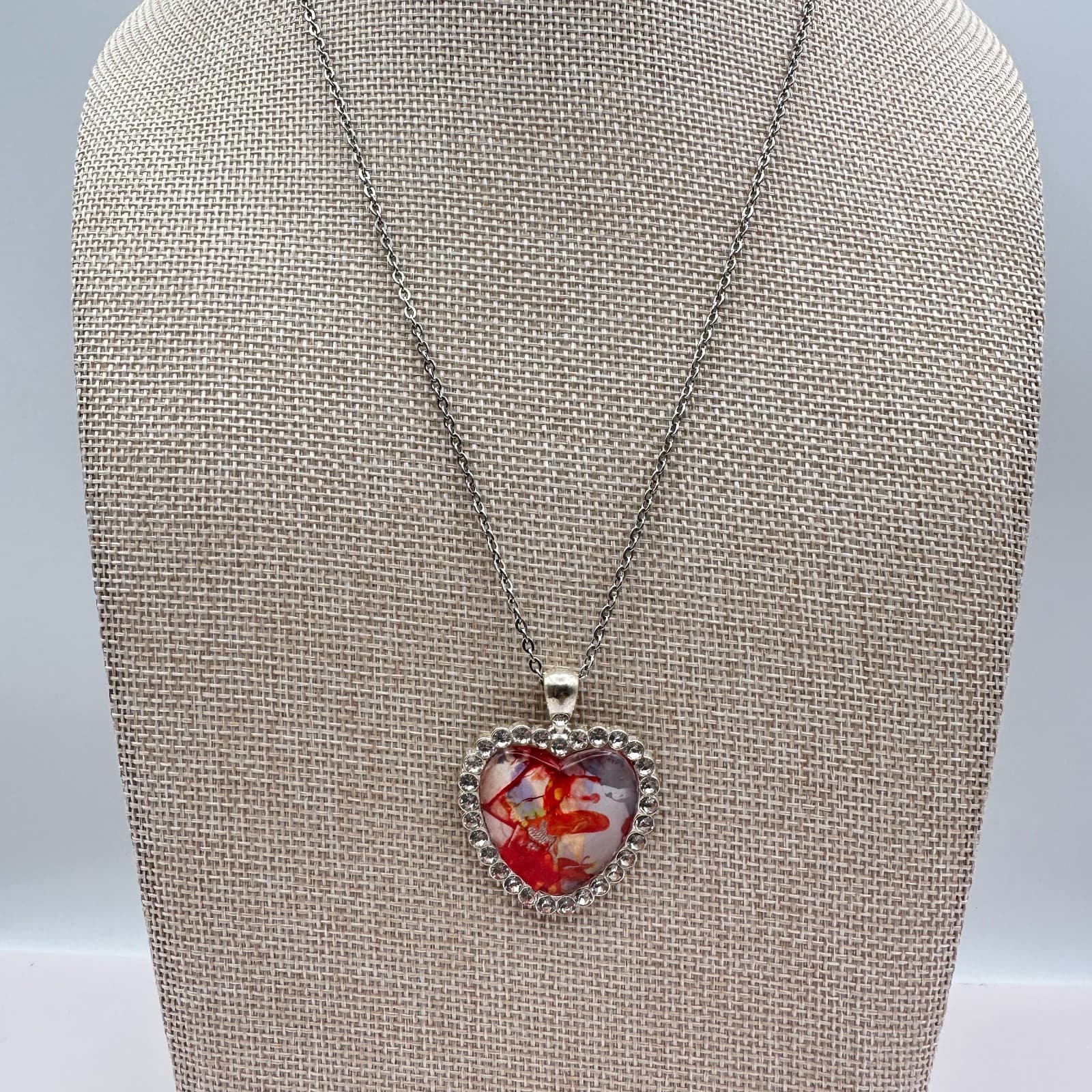Vintage 80s Red Real Pressed Rose Heart Necklace Silver Tone Pendant Jewelry - Thumbnail 4
