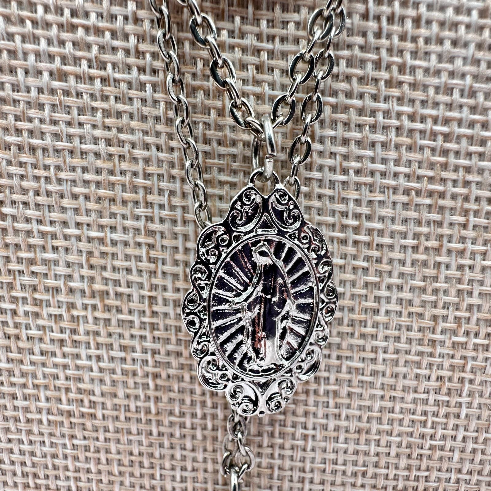 Vintage Y2K Silver Tone Layered Necklace Cross Virgin Mary lock Charms Jewelry - Thumbnail 8