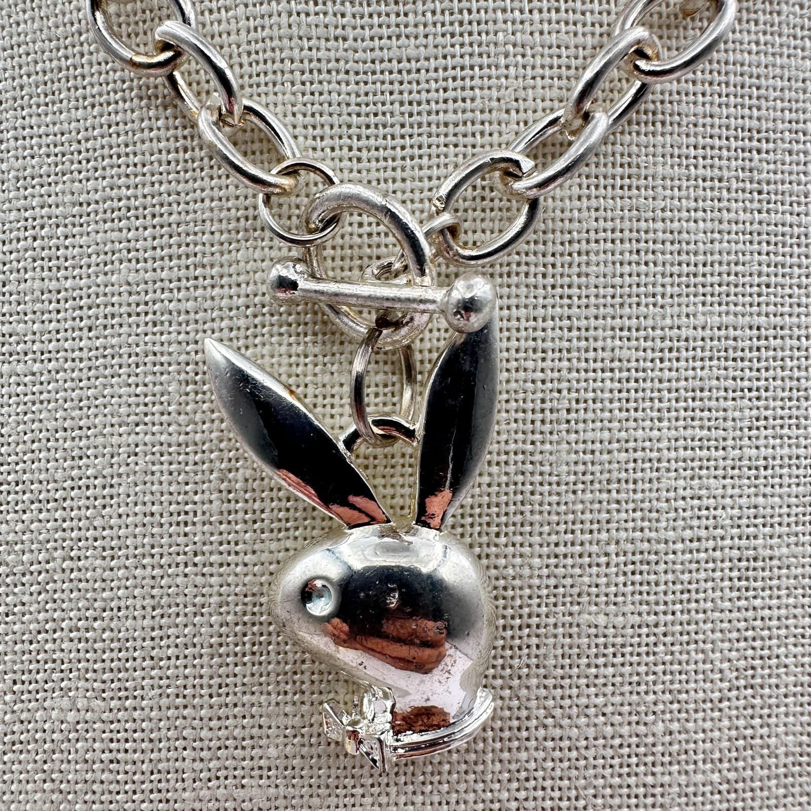 Vintage 90s Bunny Pendant Necklace Silver Tone Chunky Chain Choker Retro Jewelry - Thumbnail 2
