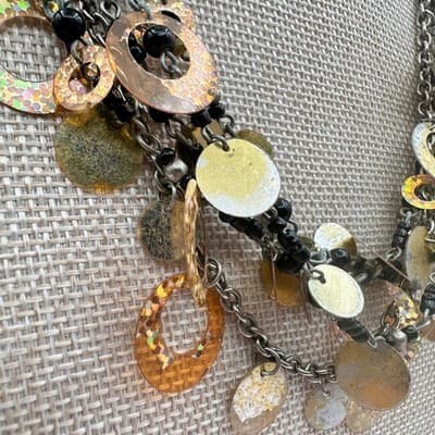 Vintage Y2K Twisted Statement Necklace Glitter Disc Black Bead Fringe Jewelry - Thumbnail 4
