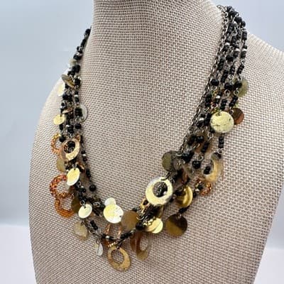Vintage Y2K Twisted Statement Necklace Glitter Disc Black Bead Fringe Jewelry - Thumbnail 8