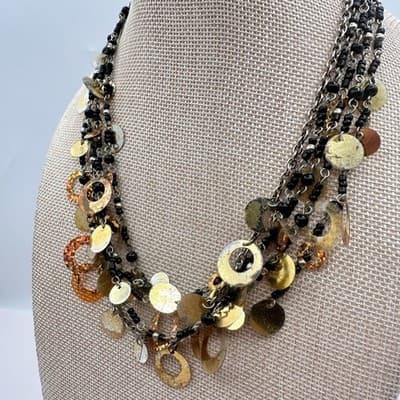 Vintage Y2K Twisted Statement Necklace Glitter Disc Black Bead Fringe Jewelry - Thumbnail 3