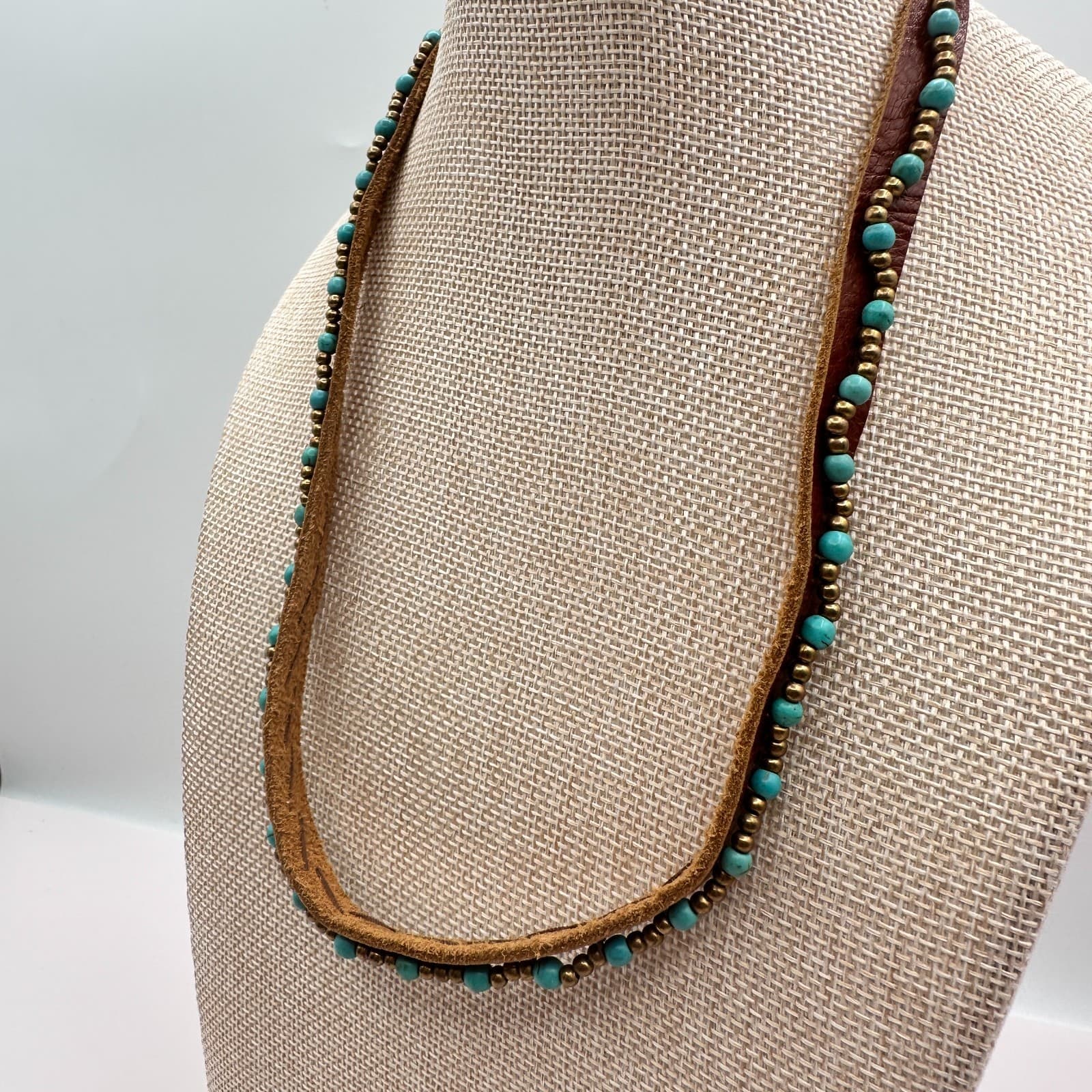 Vintage 90s Boho Leather Turquoise Beaded Necklace Women's Classic Jewelry - Thumbnail 7