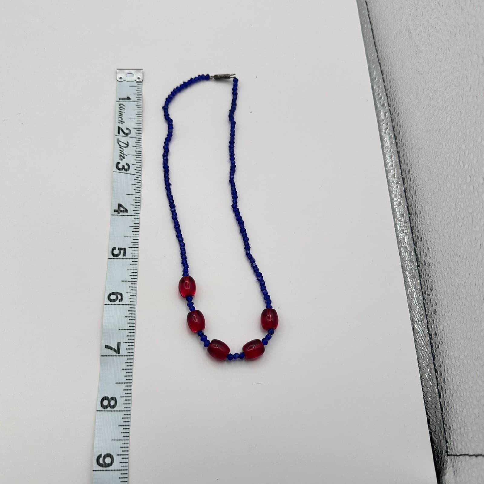 Vintage 70s Blue Seed Beads Necklace Red Glass Barrel Beads Statement Jewelry - Thumbnail 6