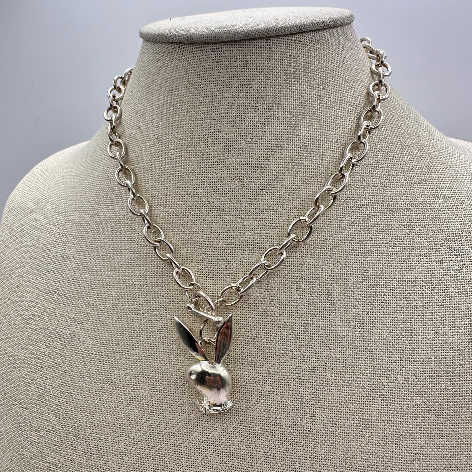 Vintage 90s Bunny Pendant Necklace Silver Tone Chunky Chain Choker Retro Jewelry - Thumbnail 5
