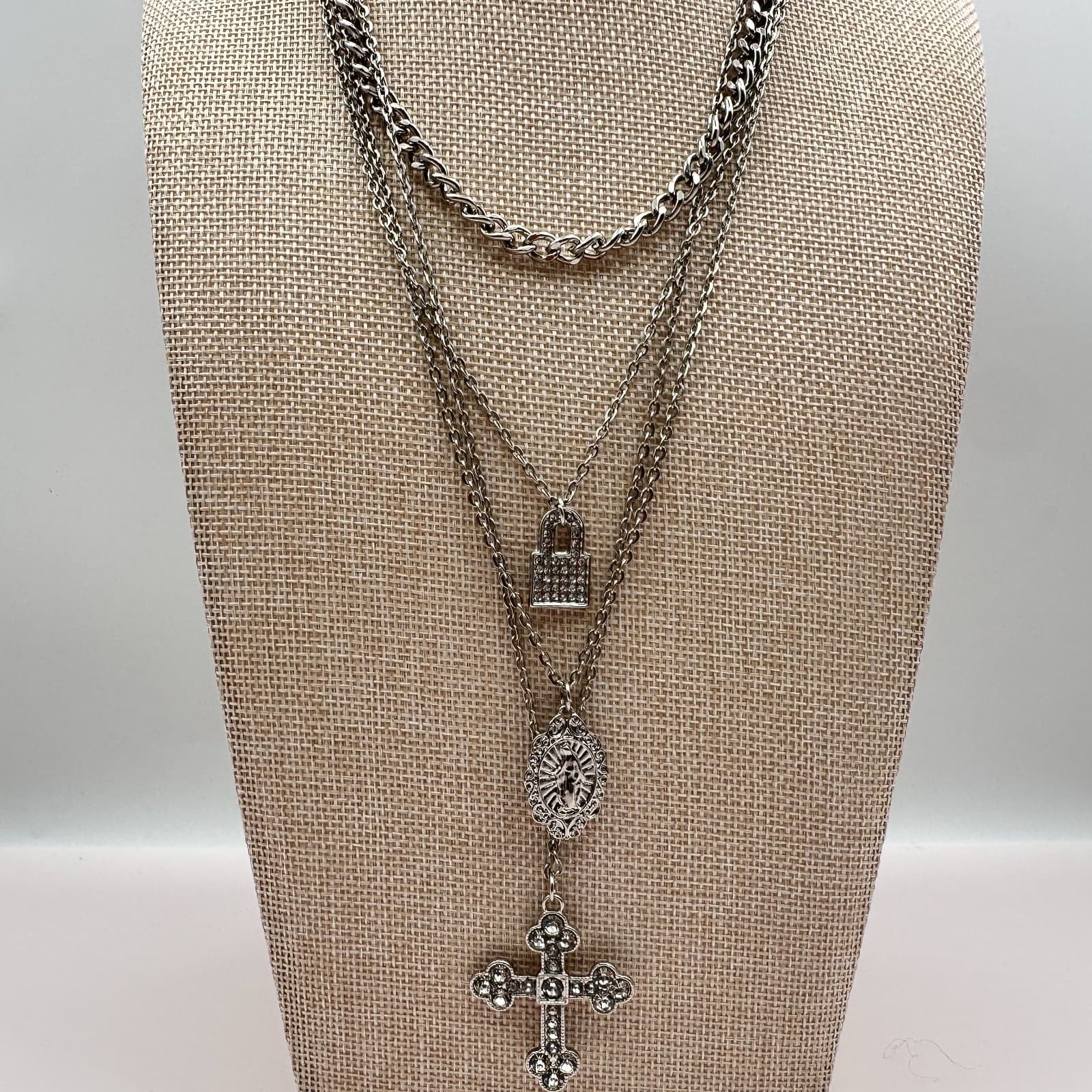 Vintage Y2K Silver Tone Layered Necklace Cross Virgin Mary lock Charms Jewelry - Thumbnail 4