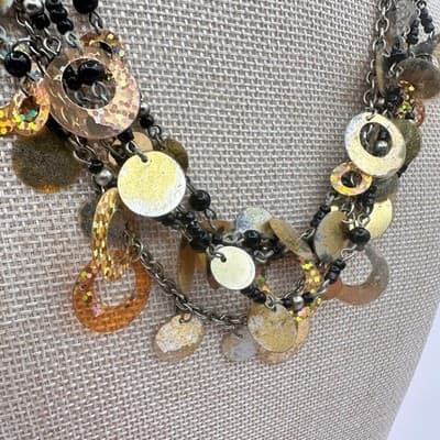 Vintage Y2K Twisted Statement Necklace Glitter Disc Black Bead Fringe Jewelry - Thumbnail 7