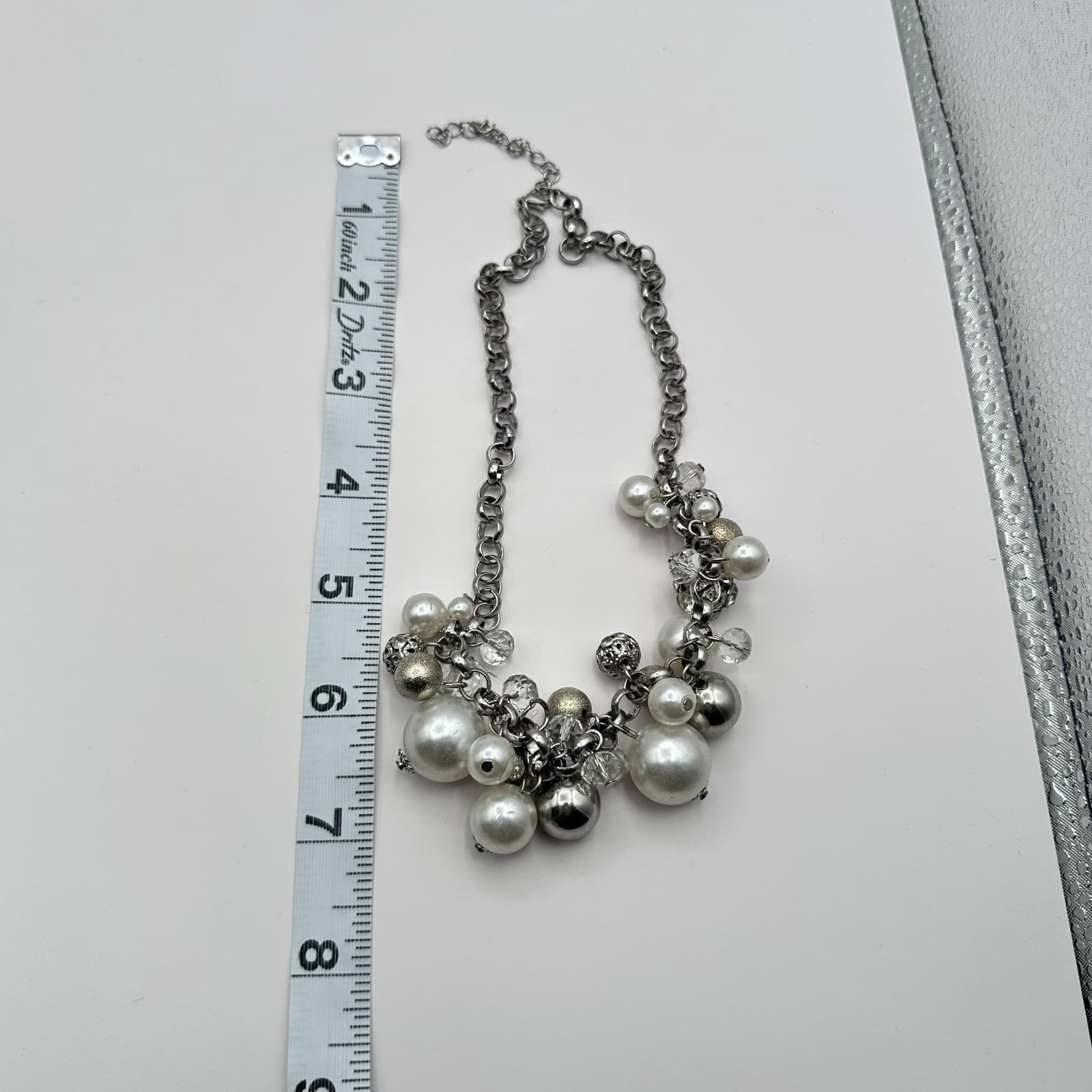 Vintage Y2K Silver Tone Pearl Bunch Statement Necklace Earrings Set Boho Jewelry - Thumbnail 17