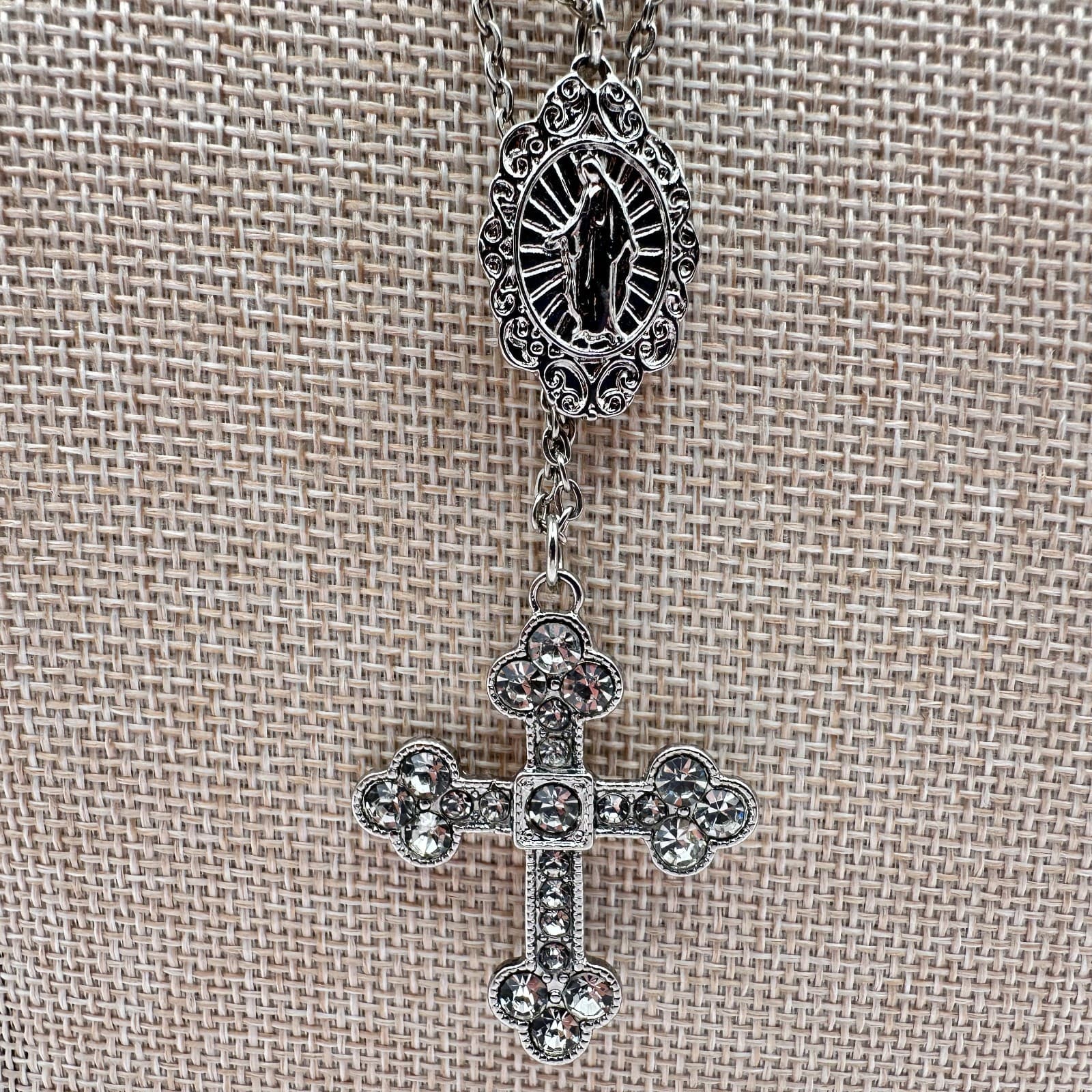 Vintage Y2K Silver Tone Layered Necklace Cross Virgin Mary lock Charms Jewelry - Thumbnail 2