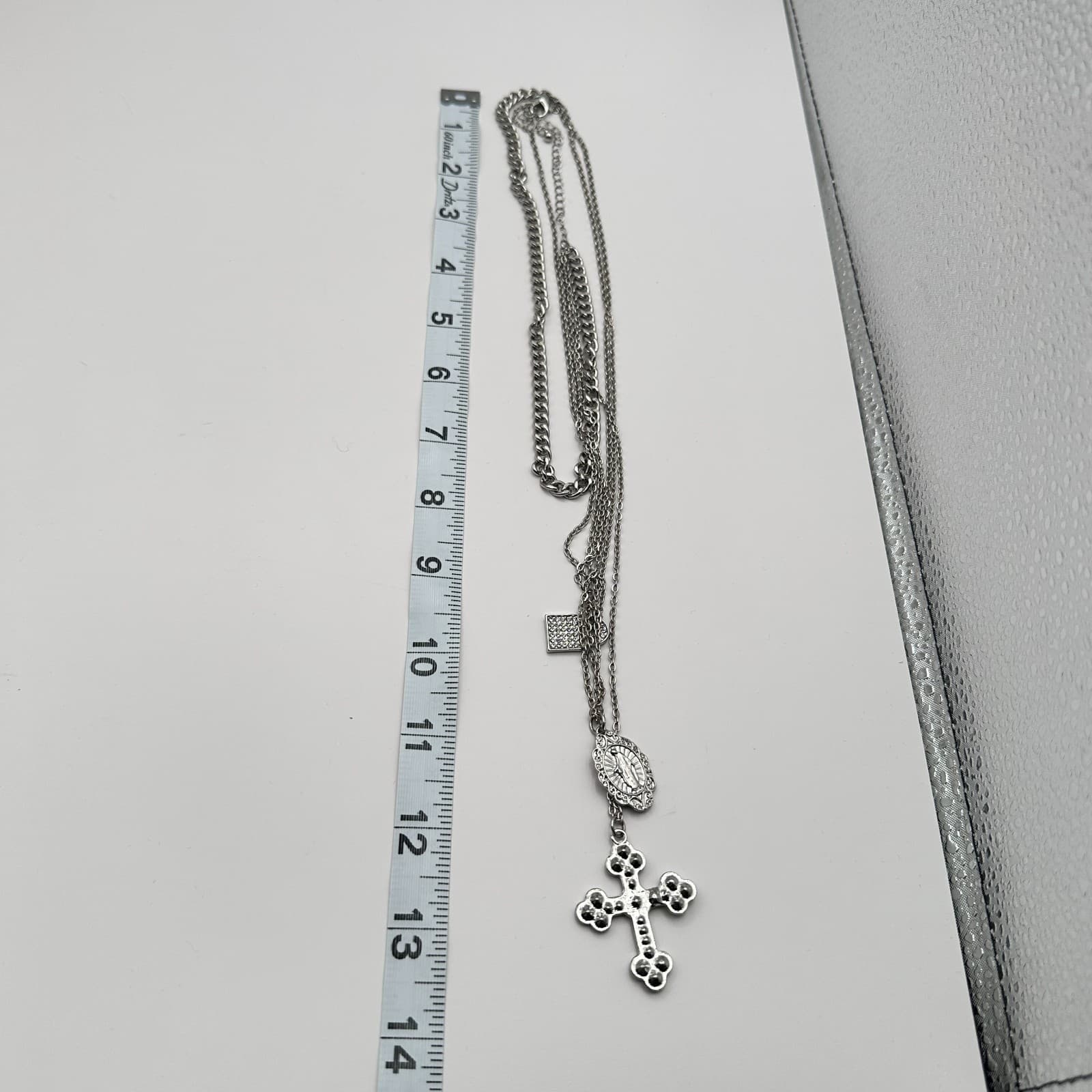 Vintage Y2K Silver Tone Layered Necklace Cross Virgin Mary lock Charms Jewelry - Thumbnail 12
