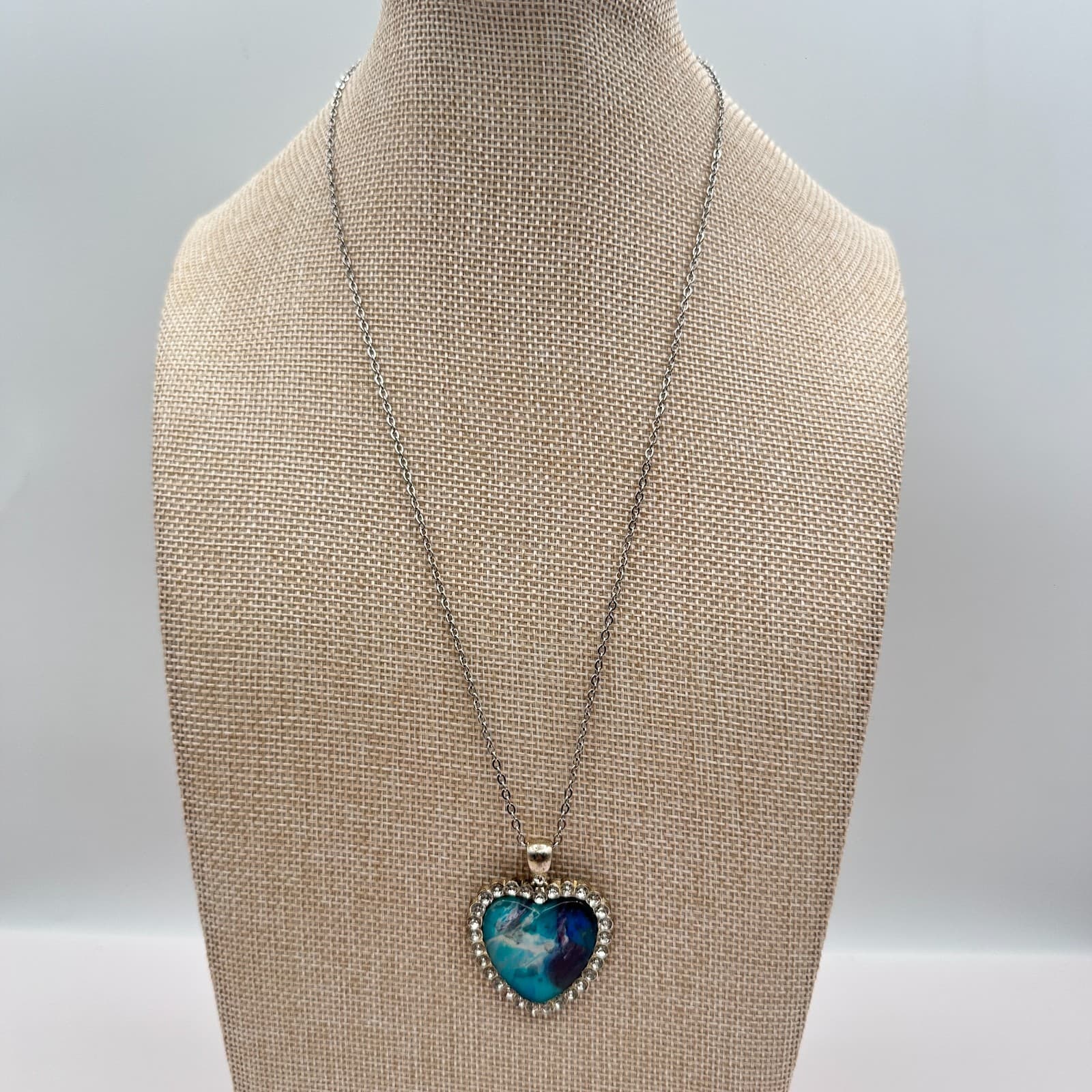 Vintage 80s Blue Fluid Art Heart Rhinestone Pendant Necklace Classic Jewelry - Thumbnail 6