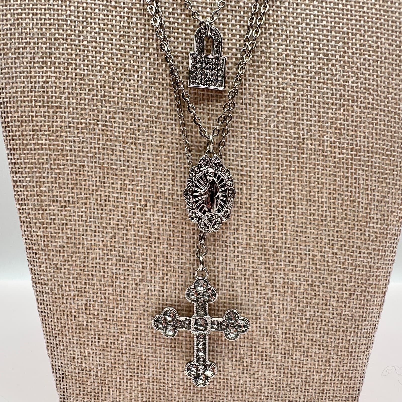 Vintage Y2K Silver Tone Layered Necklace Cross Virgin Mary lock Charms Jewelry - Thumbnail 3