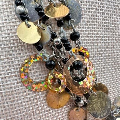 Vintage Y2K Twisted Statement Necklace Glitter Disc Black Bead Fringe Jewelry - Thumbnail 6