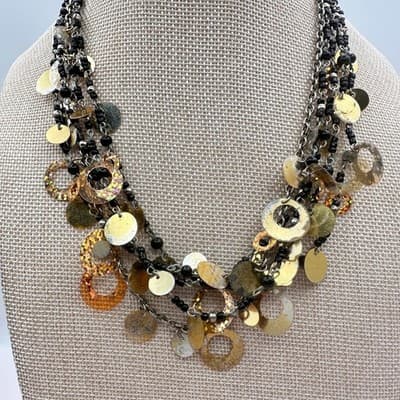 Vintage Y2K Twisted Statement Necklace Glitter Disc Black Bead Fringe Jewelry - Thumbnail 2
