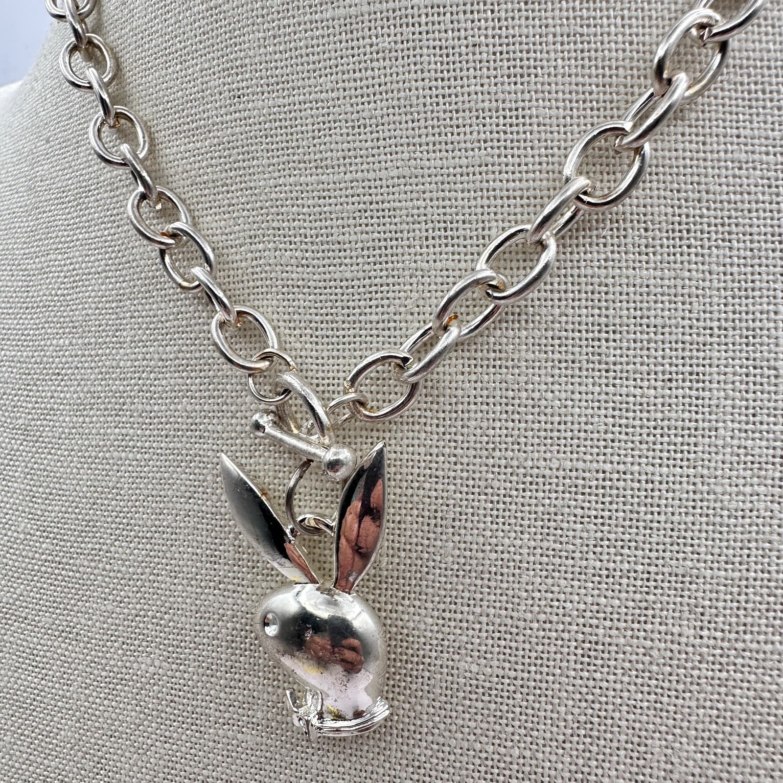Vintage 90s Bunny Pendant Necklace Silver Tone Chunky Chain Choker Retro Jewelry - Thumbnail 4