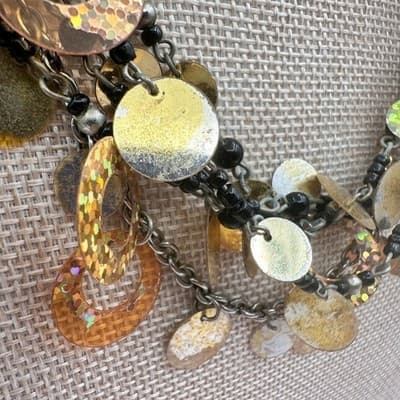 Vintage Y2K Twisted Statement Necklace Glitter Disc Black Bead Fringe Jewelry - Thumbnail 5