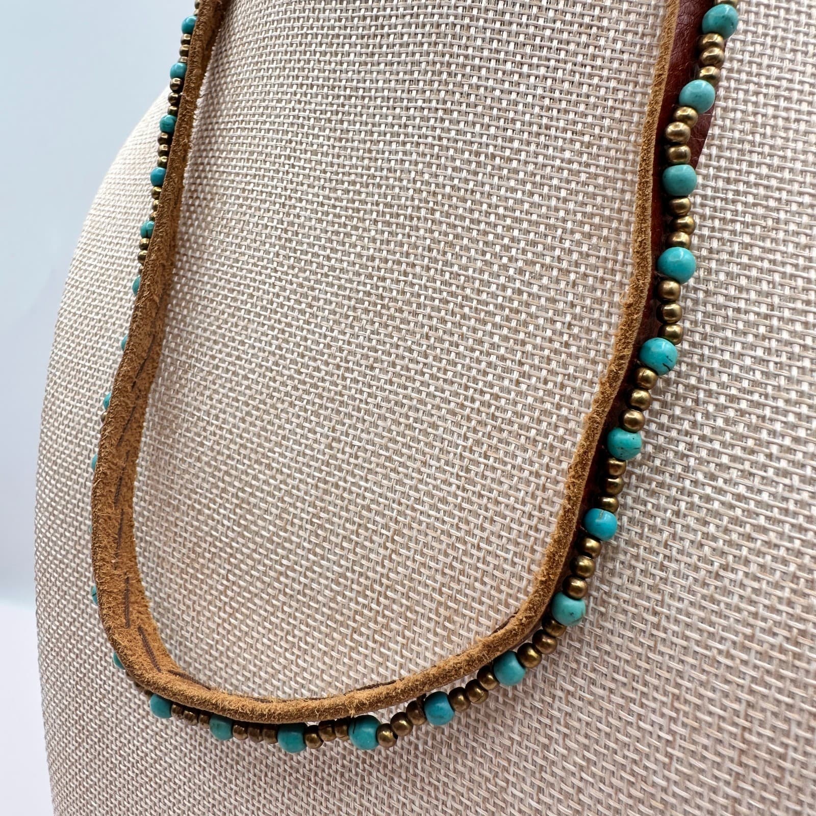 Vintage 90s Boho Leather Turquoise Beaded Necklace Women's Classic Jewelry - Thumbnail 6