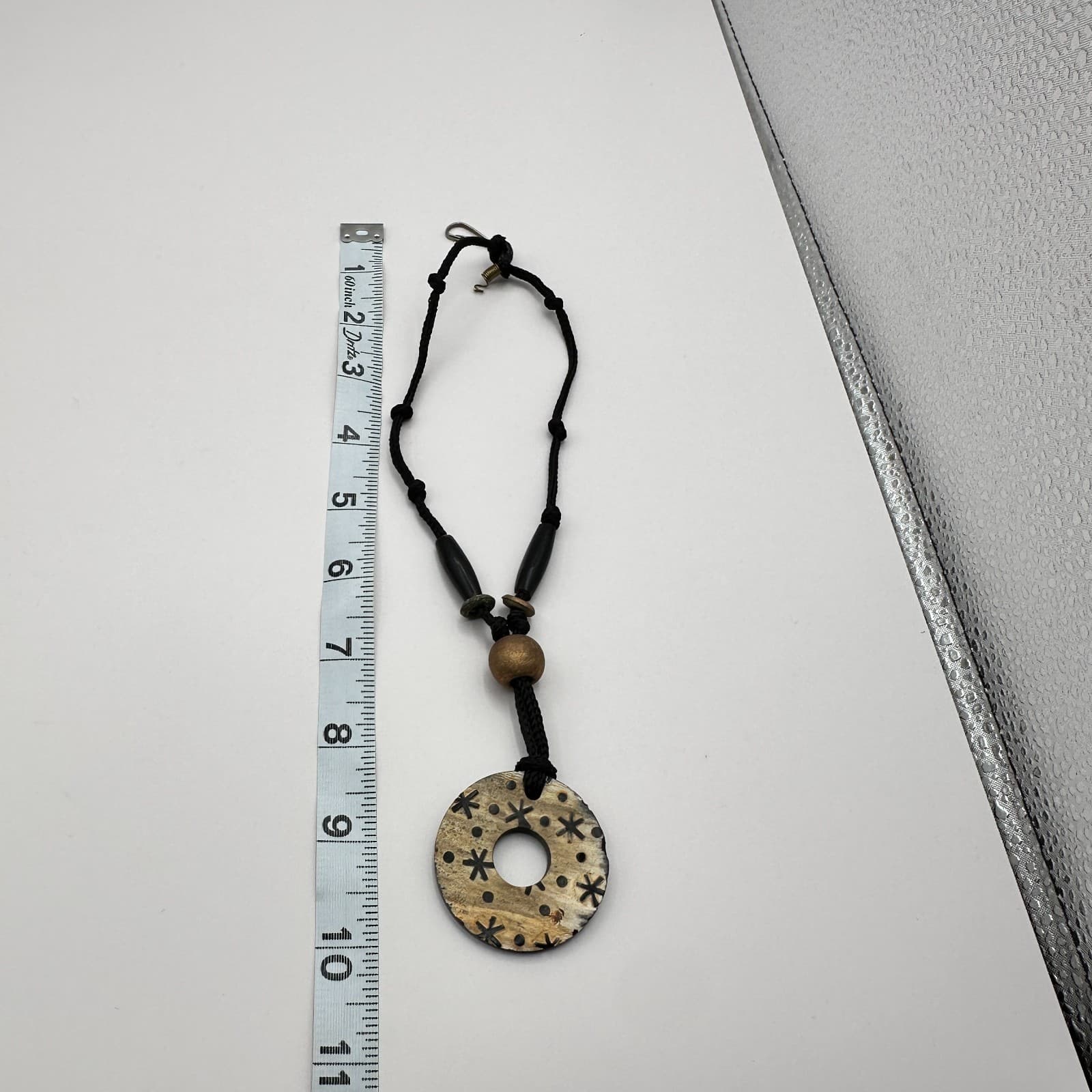 Vintage 90s Black Cord Carved Horn Disk Charm Pendant Necklace Women's Jewelry - Thumbnail 8