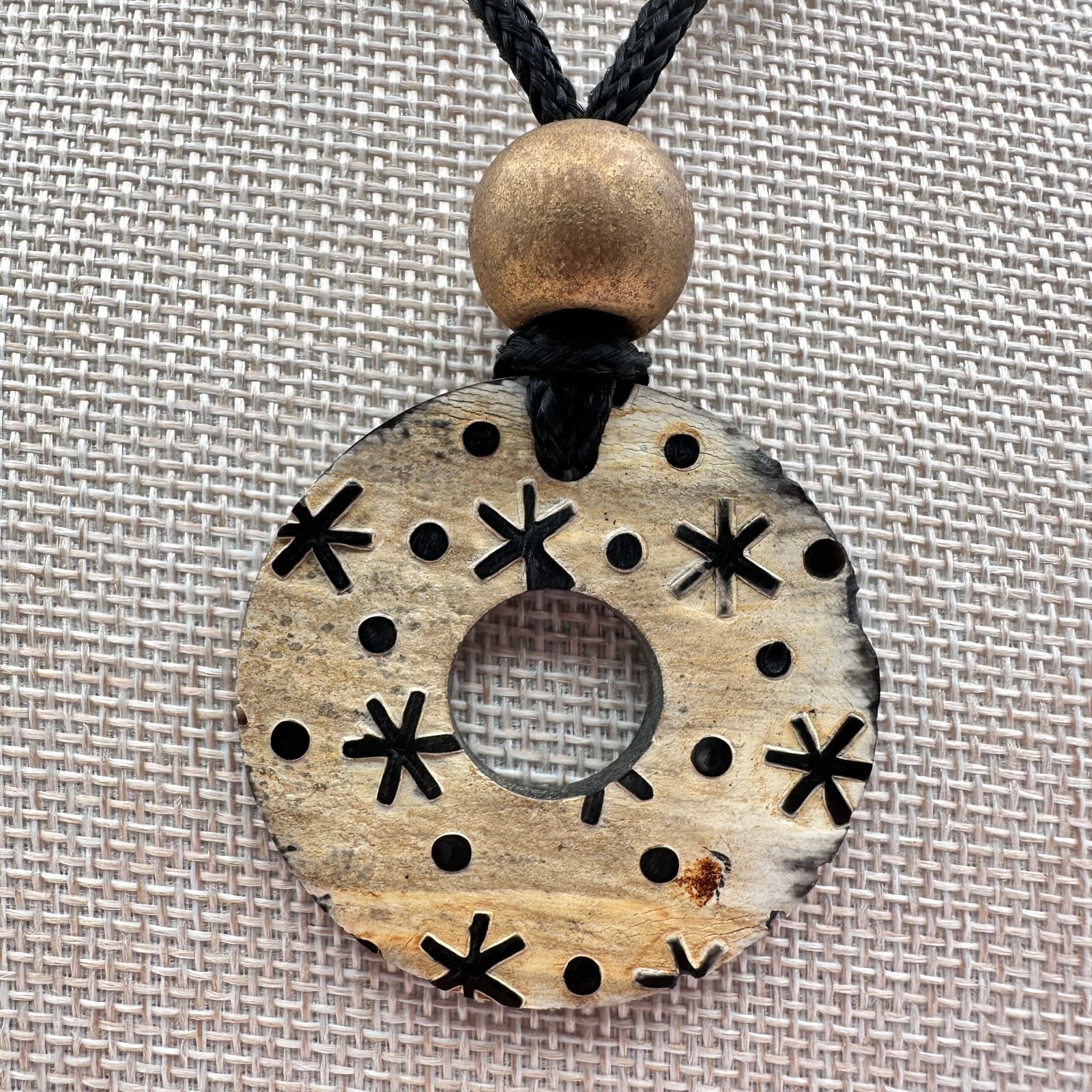 Vintage 90s Black Cord Carved Horn Disk Charm Pendant Necklace Women's Jewelry - Thumbnail 3