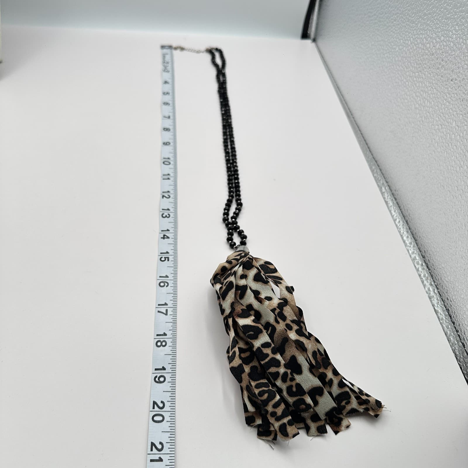 Vintage Y2K Black Beaded Leopard Print Tassel Necklace Boho Statement Jewelry - Thumbnail 9