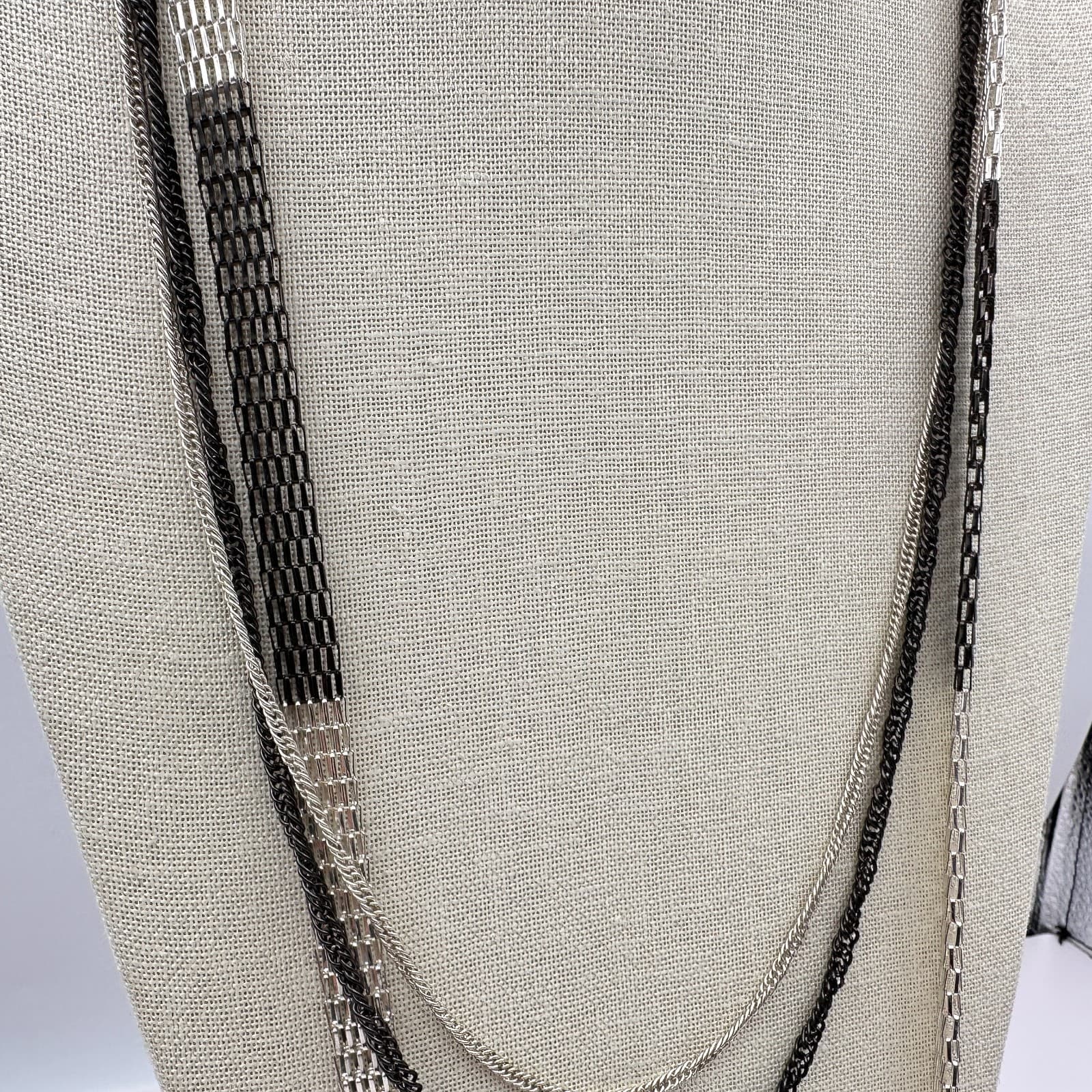 Vintage 90s Silver Tone Black Multi Strand Mesh Chain Necklace Jewelry - Thumbnail 5