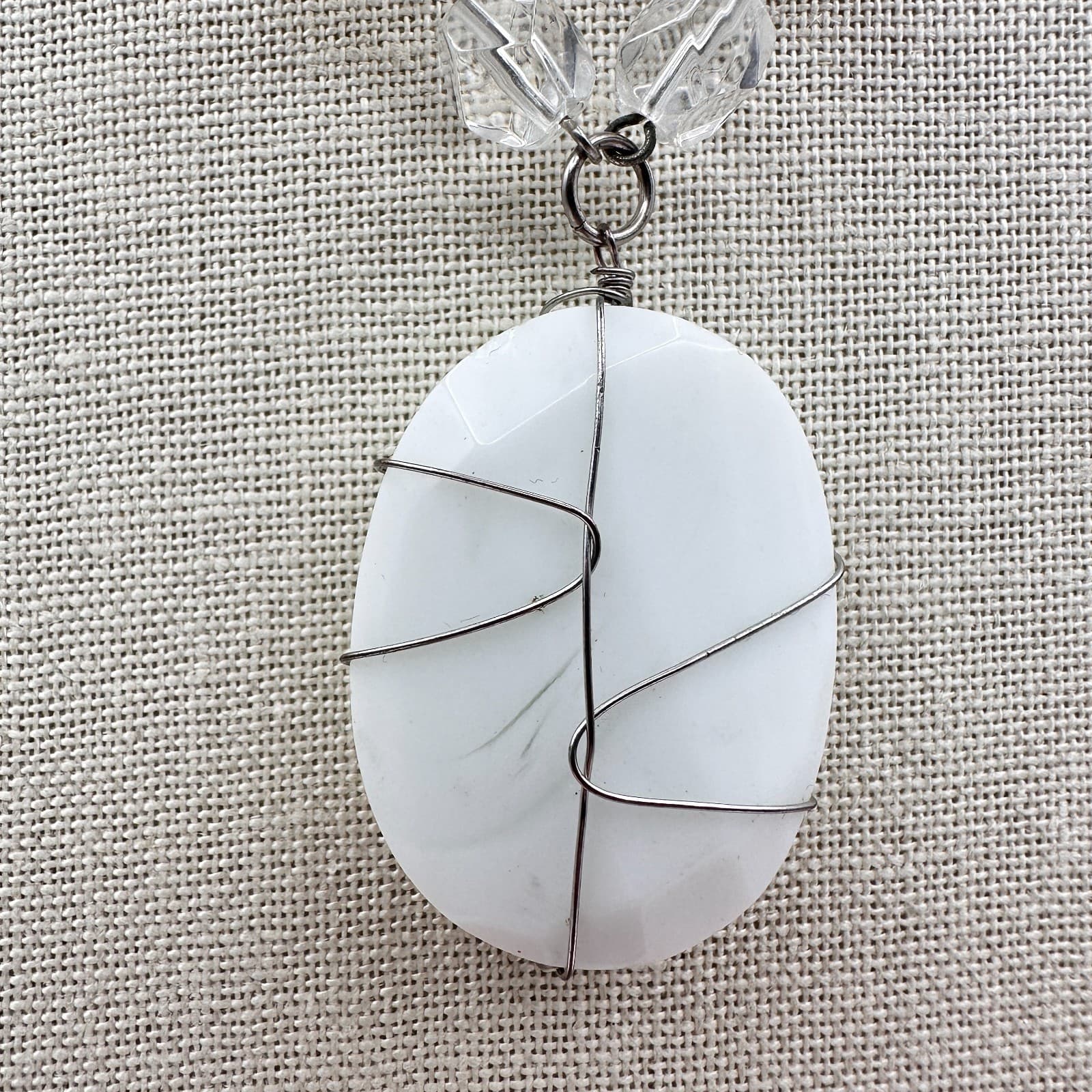 Vintage 90s Wire Wrapped White Stone Pendant Necklace Beaded Boho Jewelry - Thumbnail 4