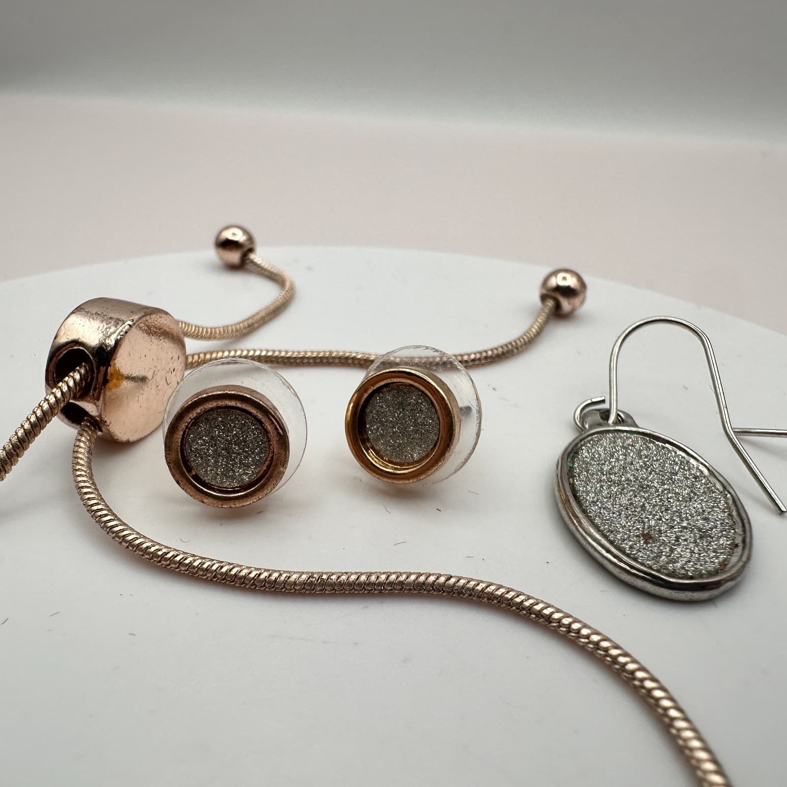 Vintage Y2K Rose Gold Tone Slider Bracelet Stud & Dangle Earrings Jewelry Set - Thumbnail 5