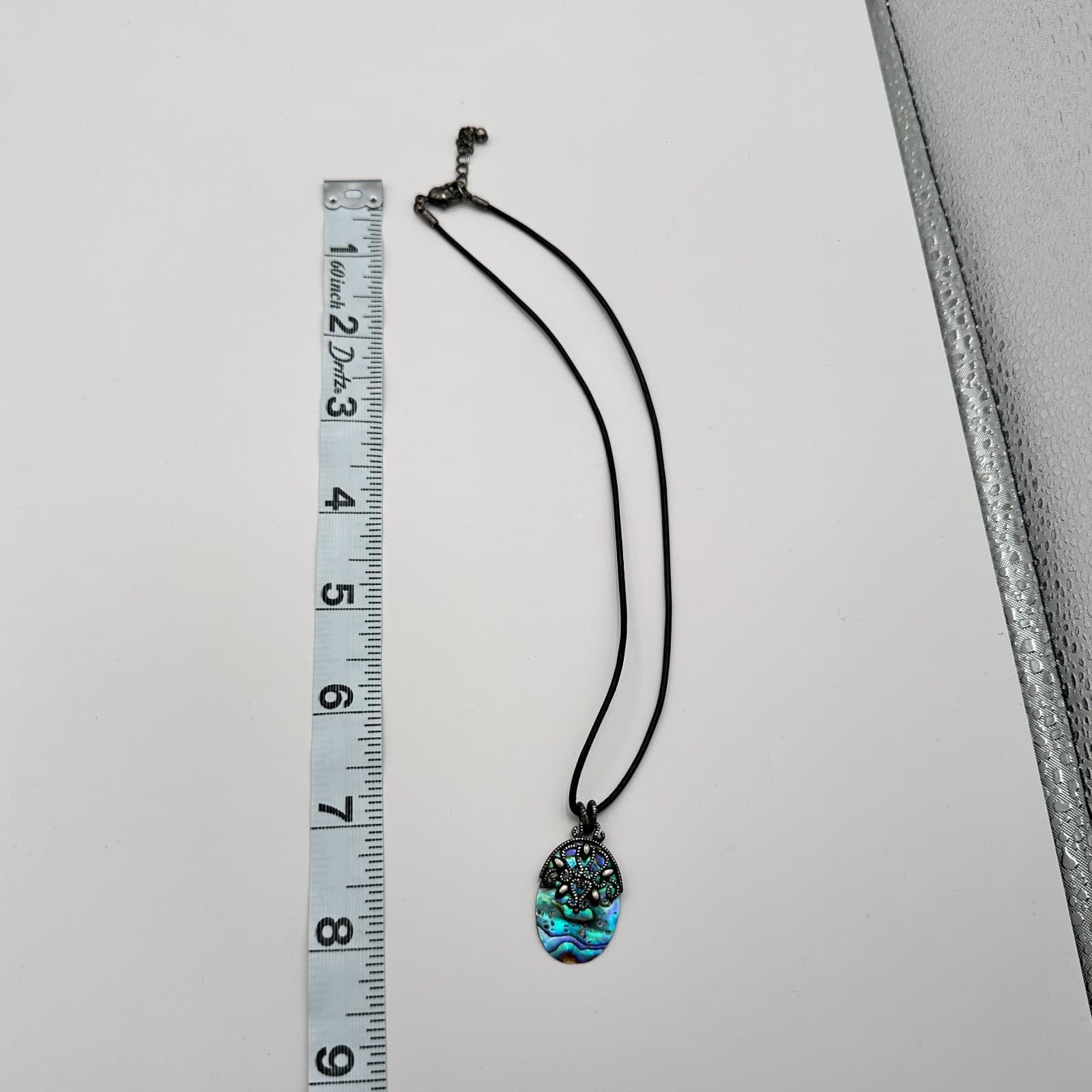Vintage 80s Abalone Shell Pendant Necklace Silver Tone Filigree Boho Statement - Thumbnail 9