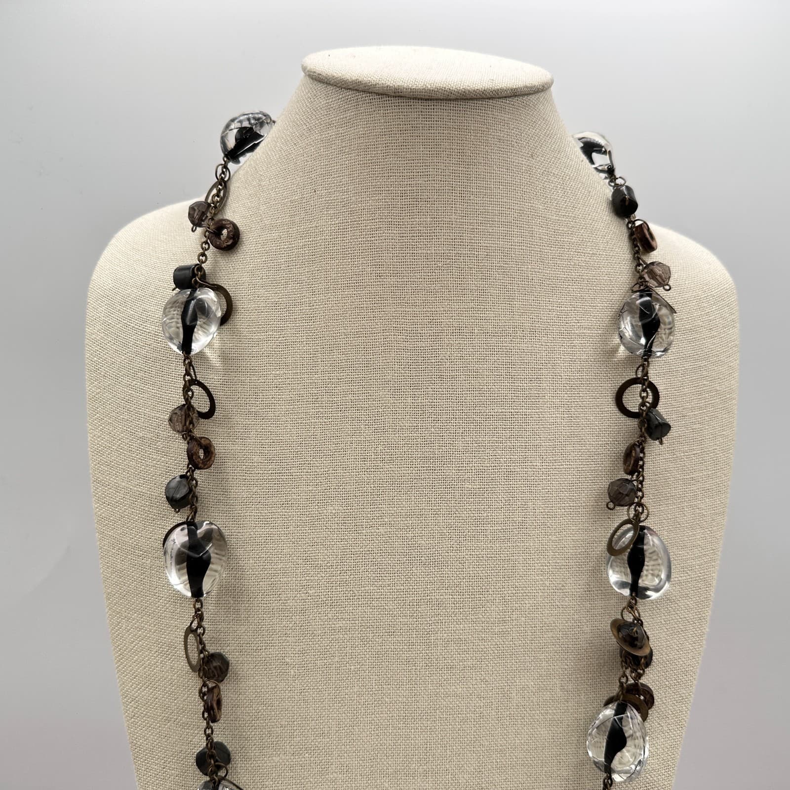 Vintage 80s Beaded Station Necklace Bronze Tone Boho Women's Classic Jewelry - Thumbnail 9