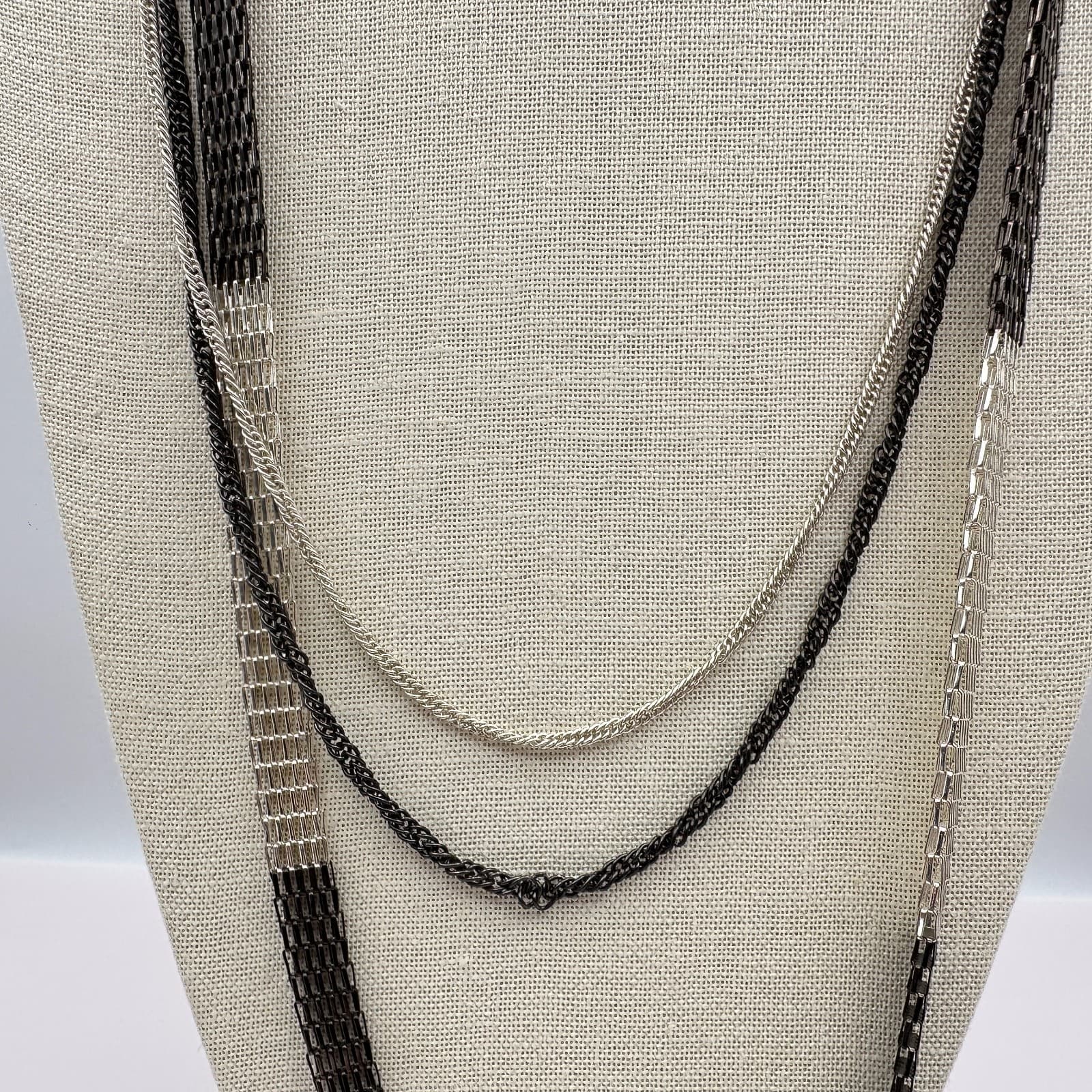 Vintage 90s Silver Tone Black Multi Strand Mesh Chain Necklace Jewelry - Thumbnail 4