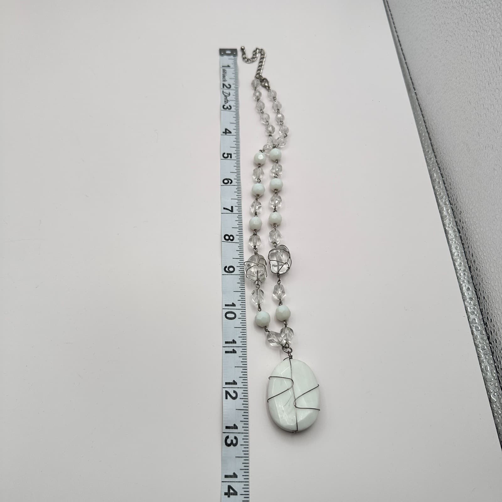 Vintage 90s Wire Wrapped White Stone Pendant Necklace Beaded Boho Jewelry - Thumbnail 11