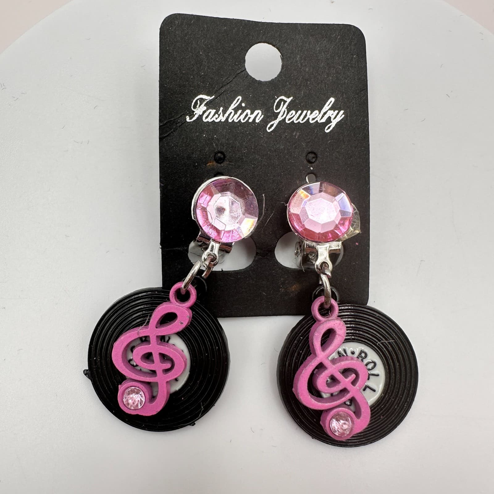 Vintage Y2K Retro Pink Treble Clef Vinyl Earrings Rock N' Roll Music Jewewlry - Thumbnail 3