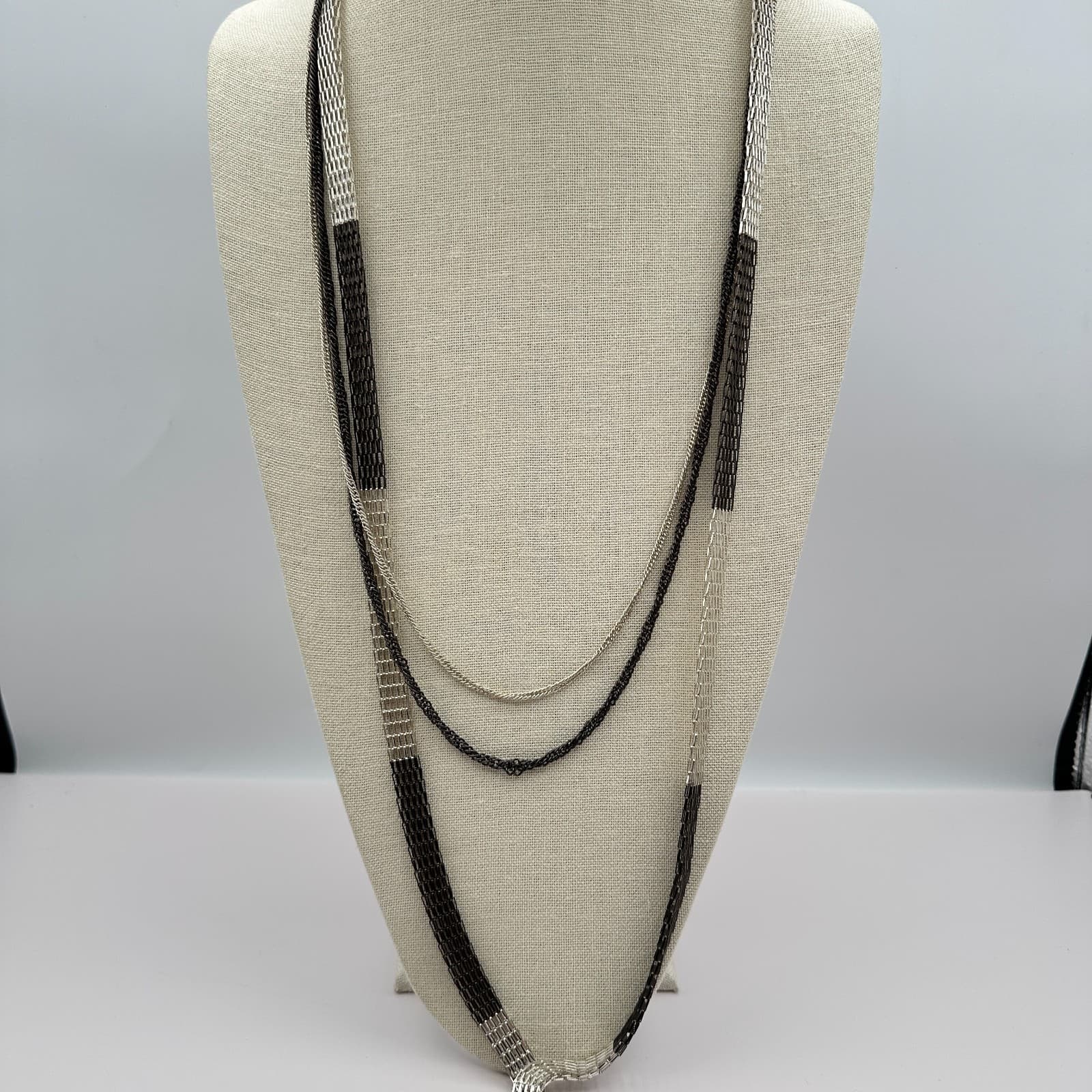 Vintage 90s Silver Tone Black Multi Strand Mesh Chain Necklace Jewelry - Thumbnail 7