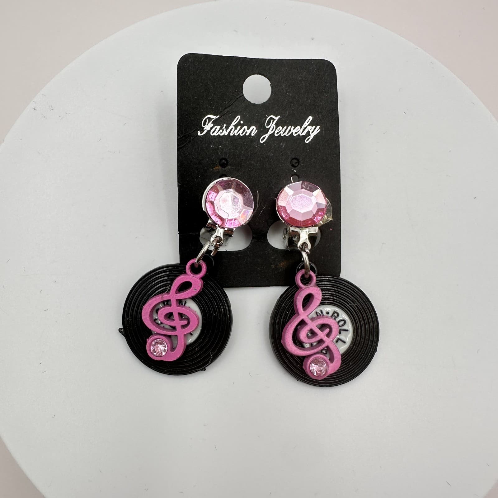 Vintage Y2K Retro Pink Treble Clef Vinyl Earrings Rock N' Roll Music Jewewlry - Thumbnail 2