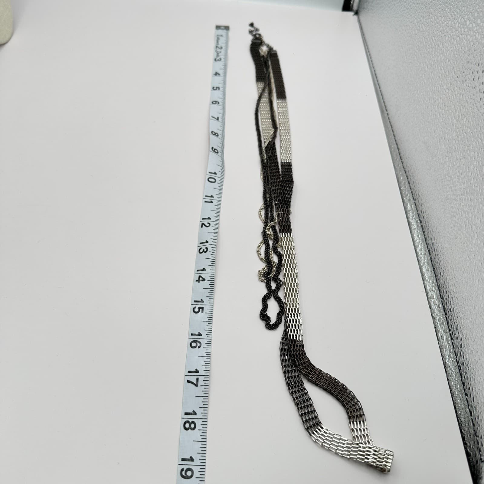 Vintage 90s Silver Tone Black Multi Strand Mesh Chain Necklace Jewelry - Thumbnail 9