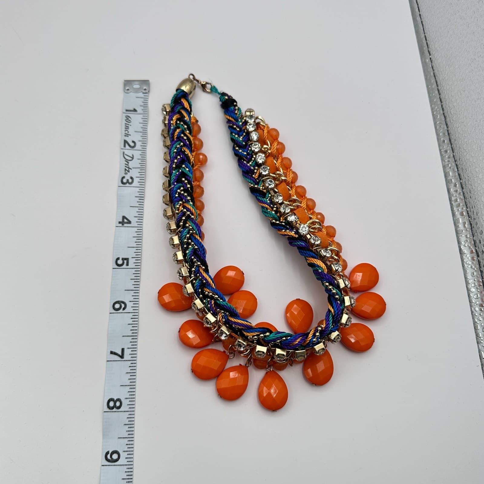 Vintage 90s Chunky Bib Necklace Orange Teardrop Beads Statement Women's Jewelry - Thumbnail 9