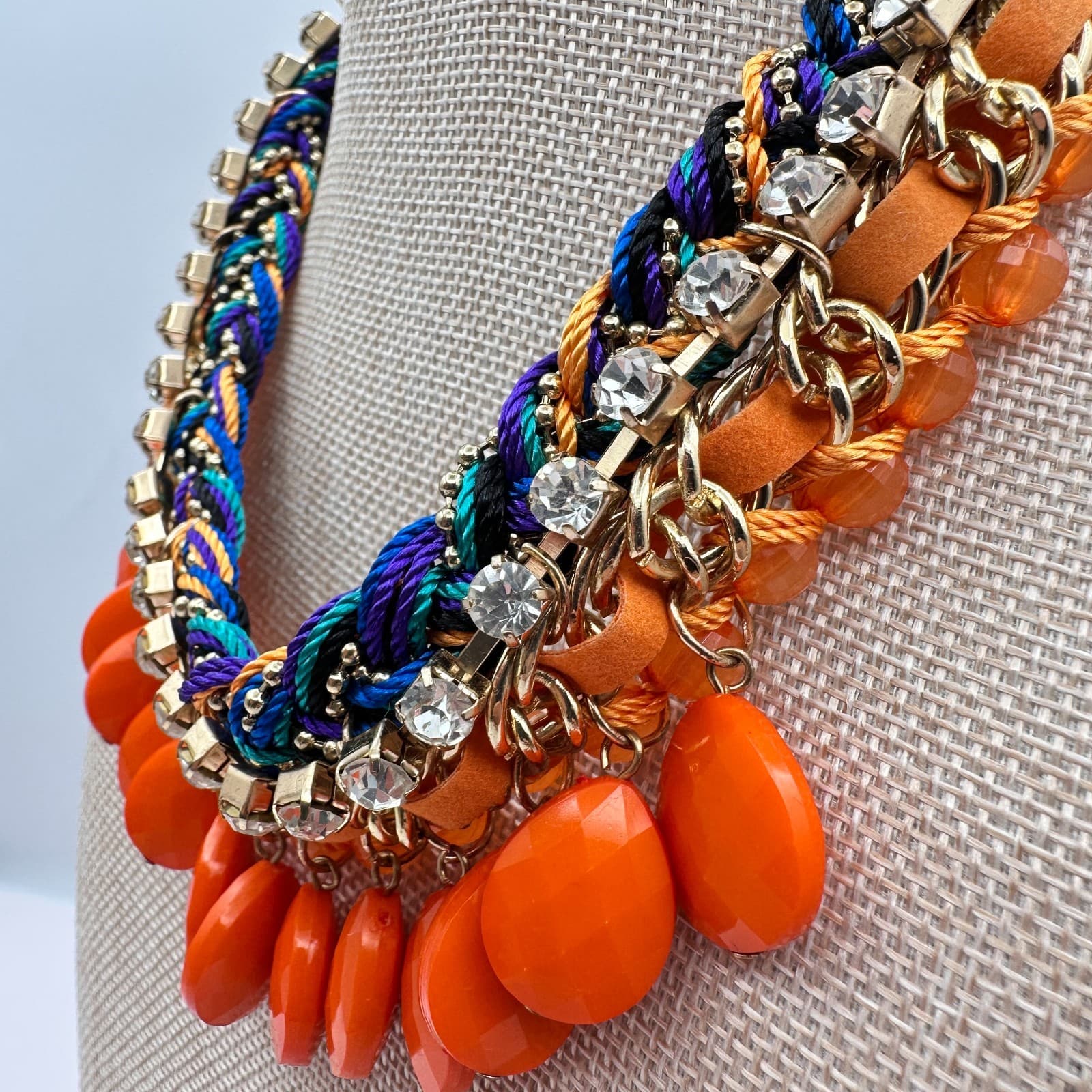 Vintage 90s Chunky Bib Necklace Orange Teardrop Beads Statement Women's Jewelry - Thumbnail 6