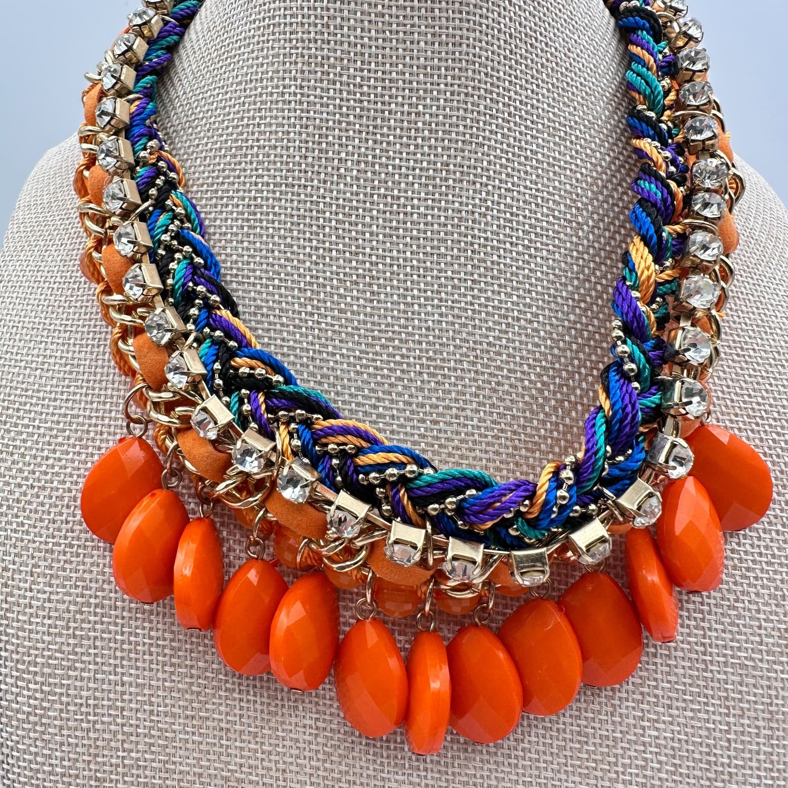 Vintage 90s Chunky Bib Necklace Orange Teardrop Beads Statement Women's Jewelry - Thumbnail 2
