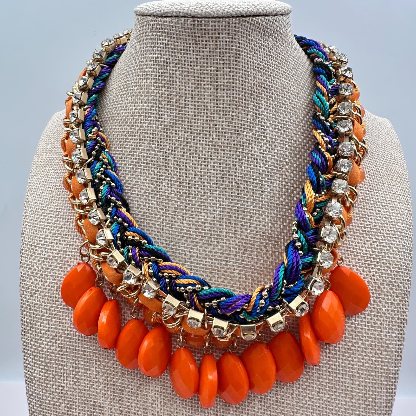 Vintage 90s Chunky Bib Necklace Orange Teardrop Beads Statement Women's Jewelry - Thumbnail 8