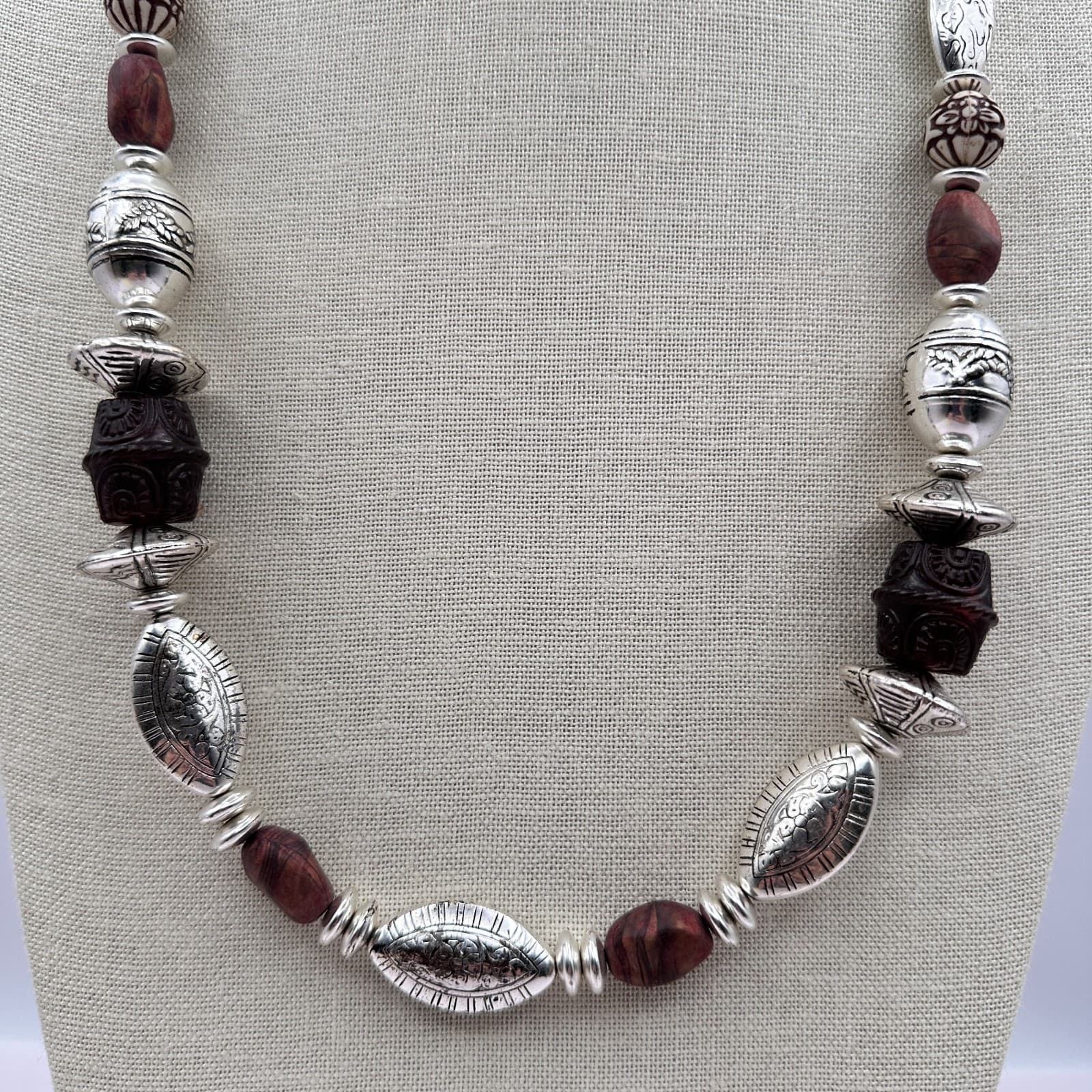Vintage 80s Beaded Necklace Silver Tone Statement Boho Women's Classic Jewelry - Thumbnail 2