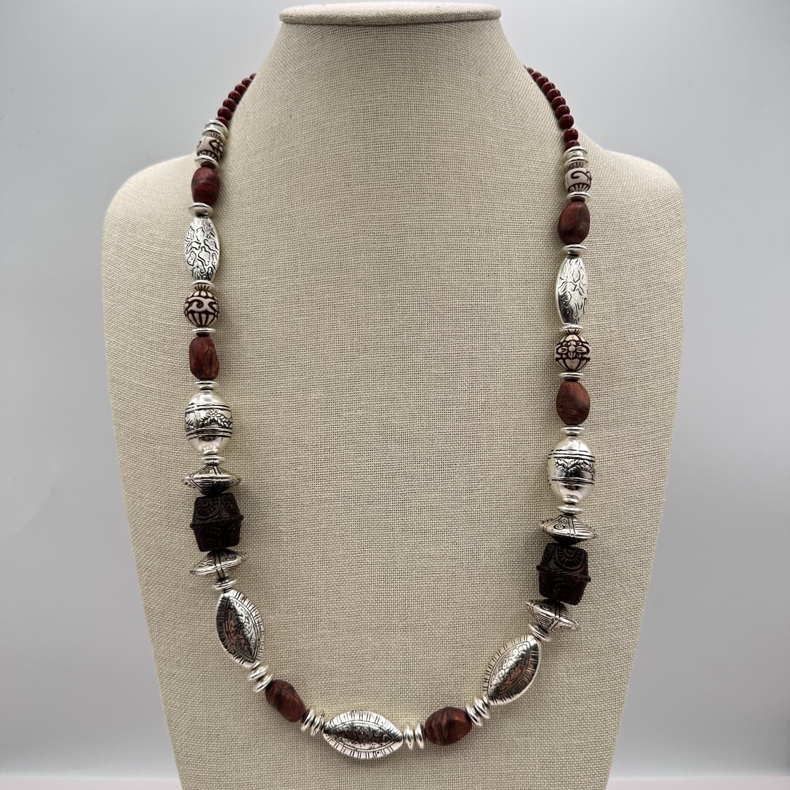 Vintage 80s Beaded Necklace Silver Tone Statement Boho Women's Classic Jewelry - Thumbnail 6
