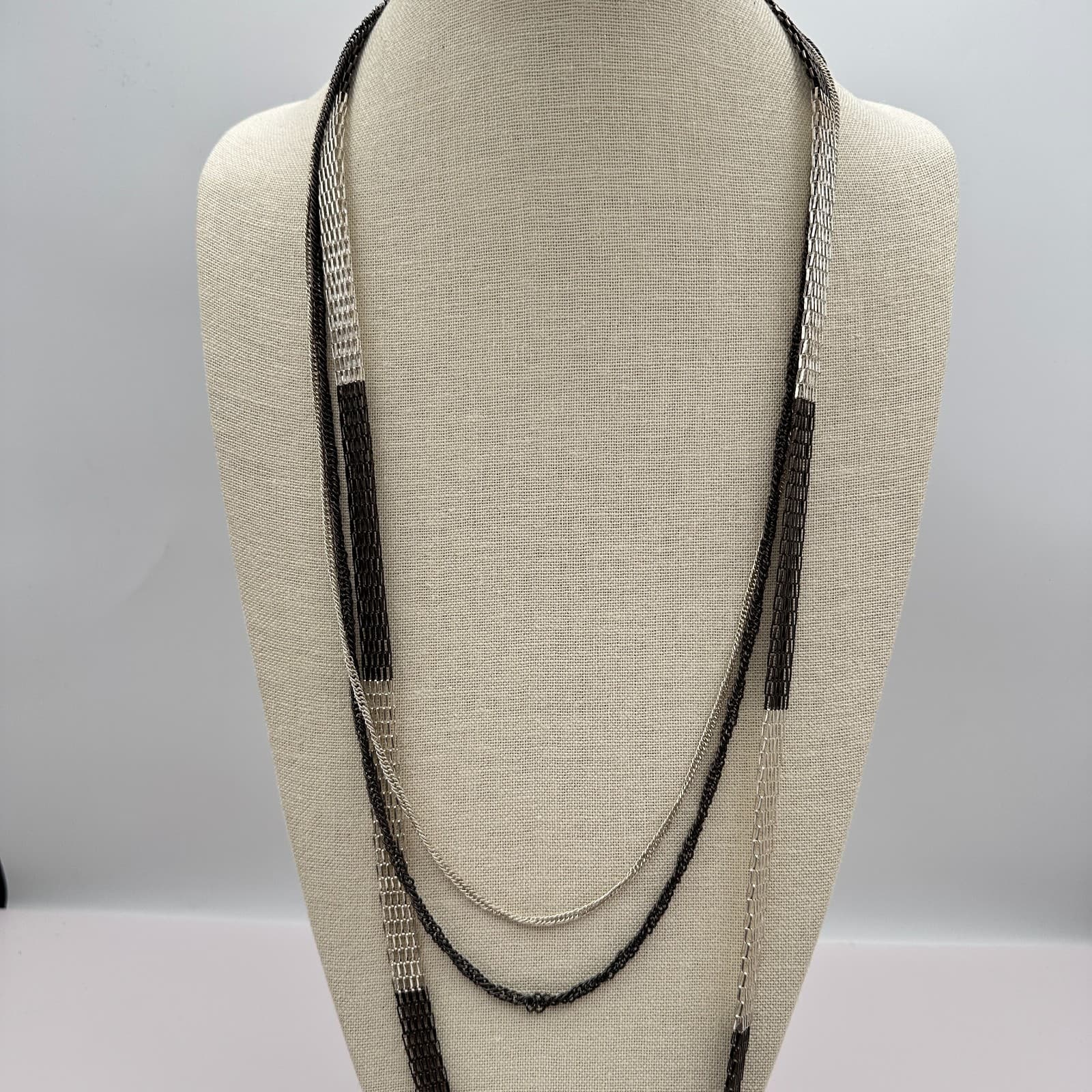 Vintage 90s Silver Tone Black Multi Strand Mesh Chain Necklace Jewelry - Thumbnail 2